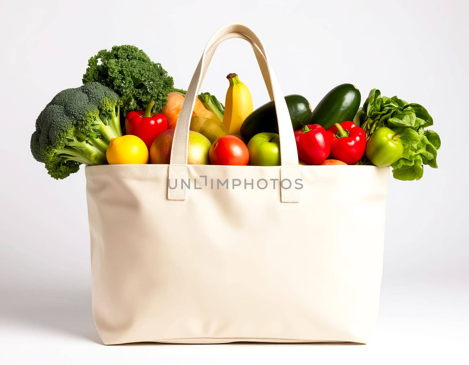 Overflowing shopping ecofriendly bag filled with fresh vegetables and fruits. Healthy eating and grocery shopping. AI generated.