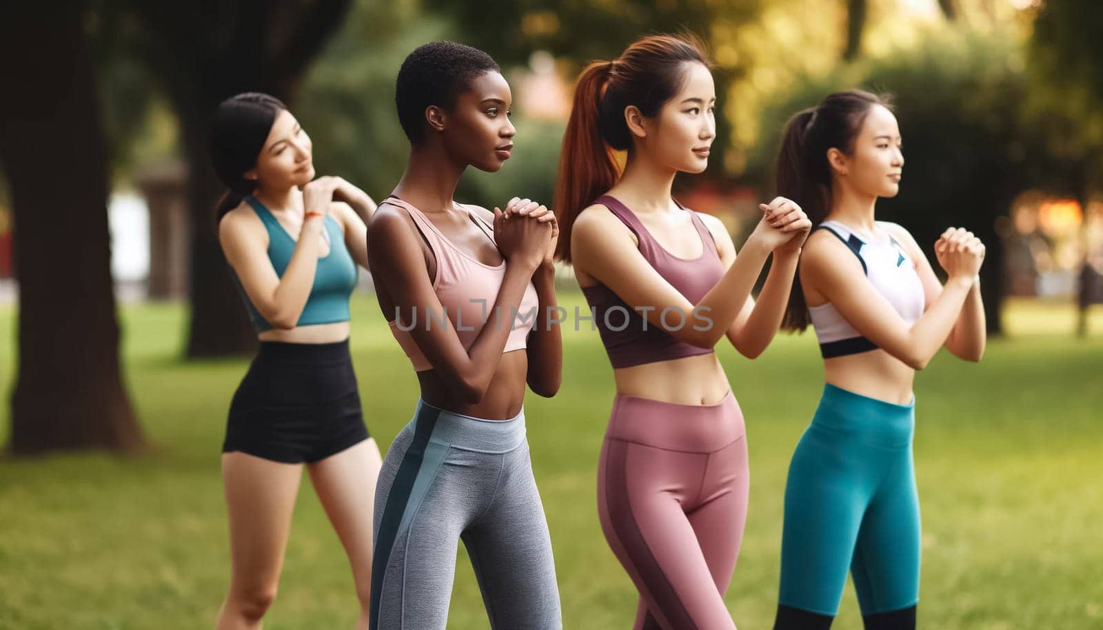 Under the canopy of a lush park, a diverse group of women finds strength and solidarity through a shared commitment to health and wellness, standing shoulder to shoulder in athletic wear.