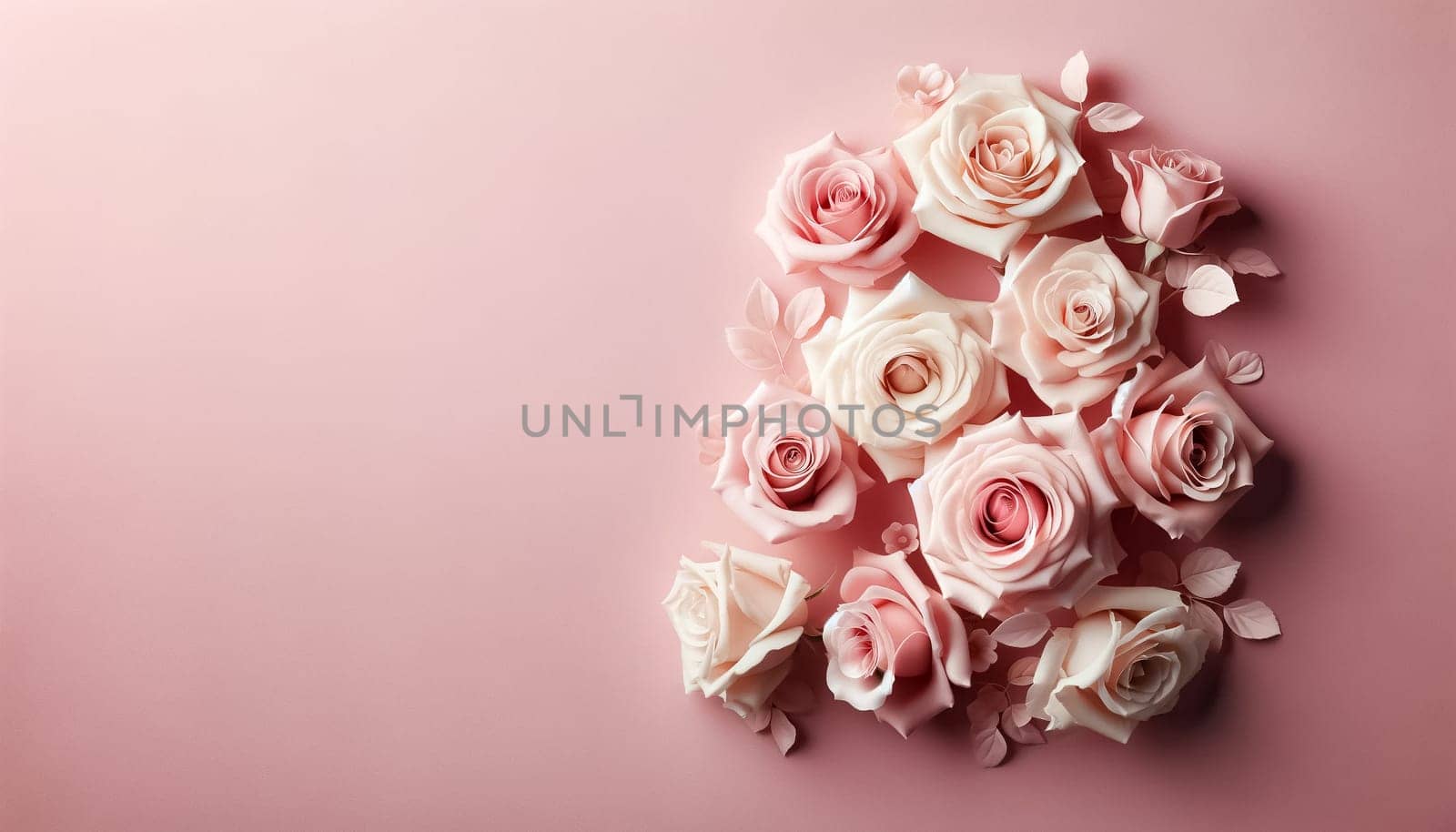 Cascading gently across the pink canvas, these roses in harmonious hues evoke a sense of peace and romance, their petals unfolding in a symphony of soft color.