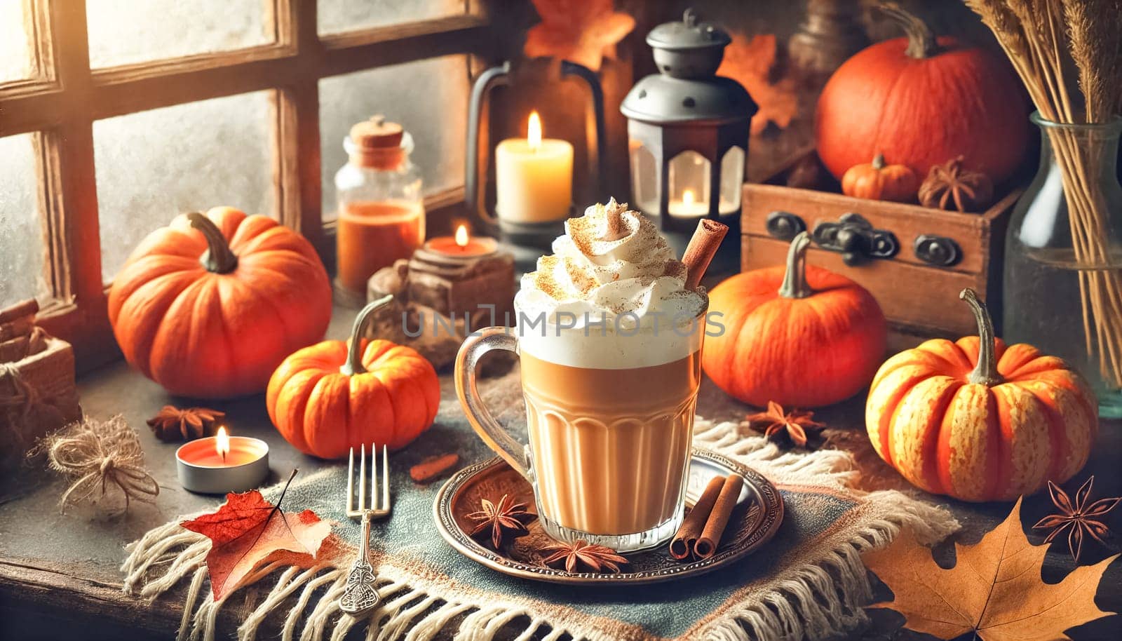 A pumpkin spice latte topped with whipped cream sits on a table in a busy coffee shop. Vibrant autumn leaves and pumpkins add to the lively seasonal decor.