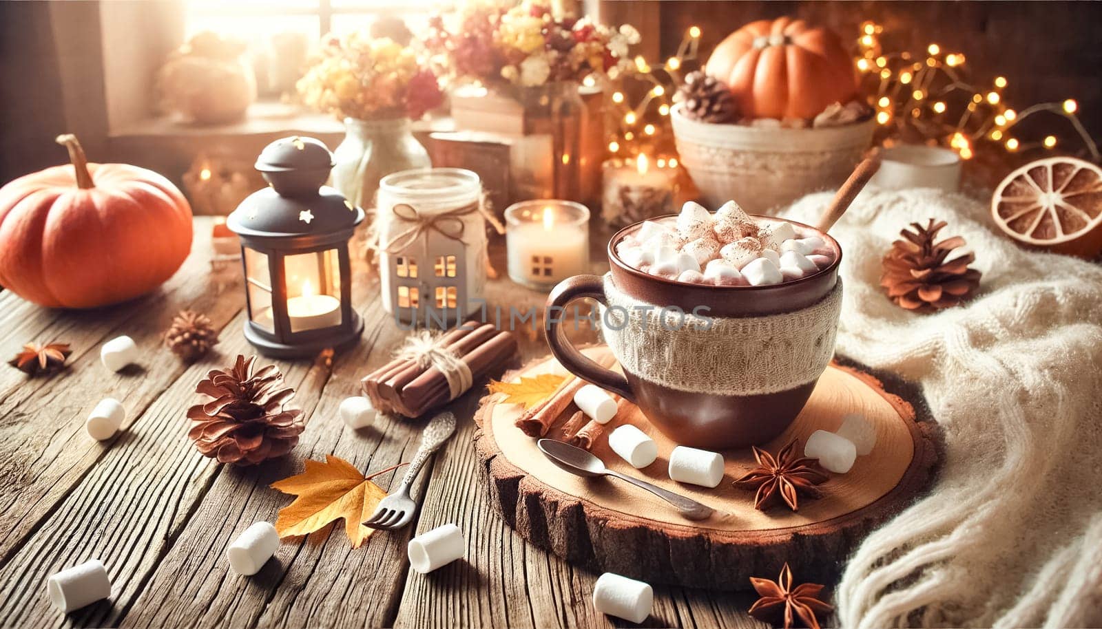Warm cup of hot chocolate with marshmallows on a rustic wooden table, captured from various angles. Surrounded by autumn leaves, pumpkins, and cozy decorations, the scene is set in a bright and airy environment.