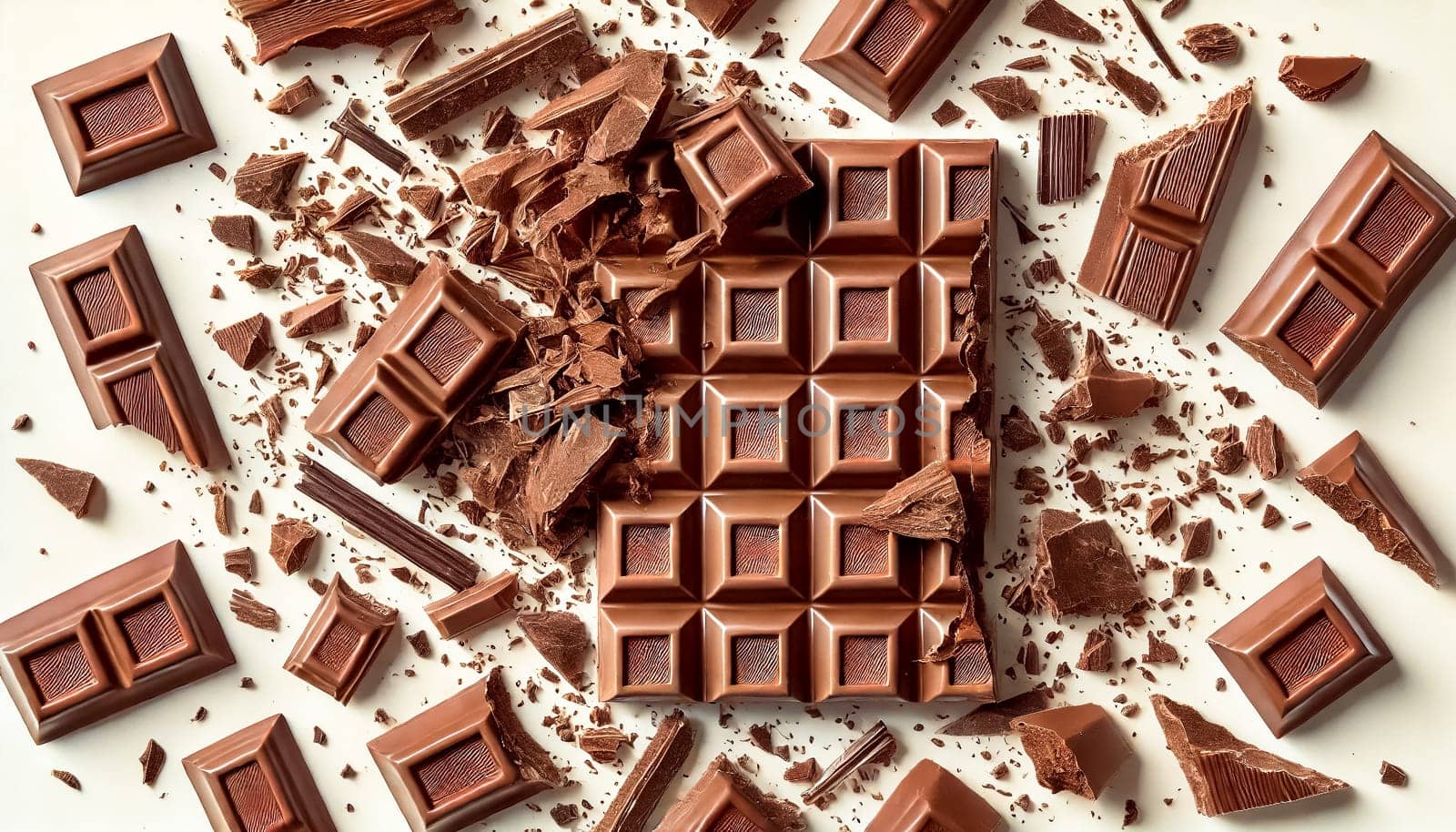 A small pile of crushed plain chocolate bars on a plain white background, with a few chocolate fragments scattered around. The realistic and highly detailed image highlights the texture and appeal of the chocolate pieces.