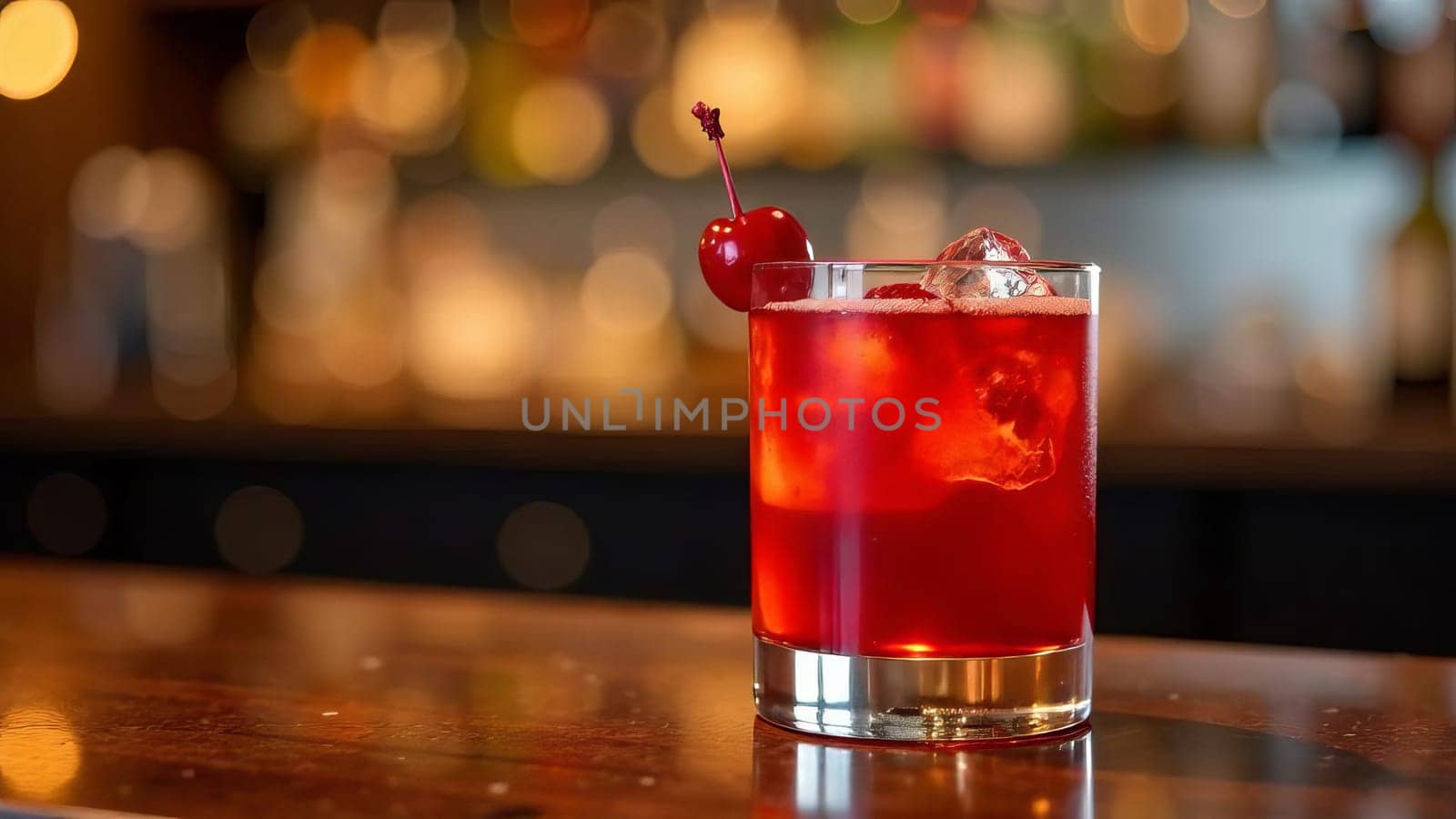 Cherry cocktail elegantly presented in a classic glass, set on a wooden bar against a blurred background of bottles and lights. AI generated.