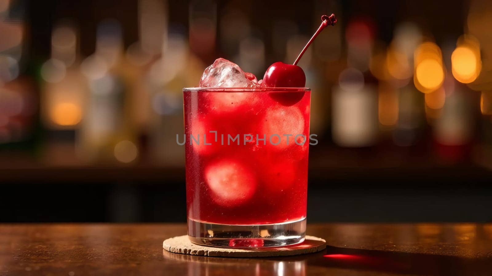 Cherry cocktail elegantly presented in a classic glass, set on a wooden bar against a blurred background of bottles and lights. AI generated.
