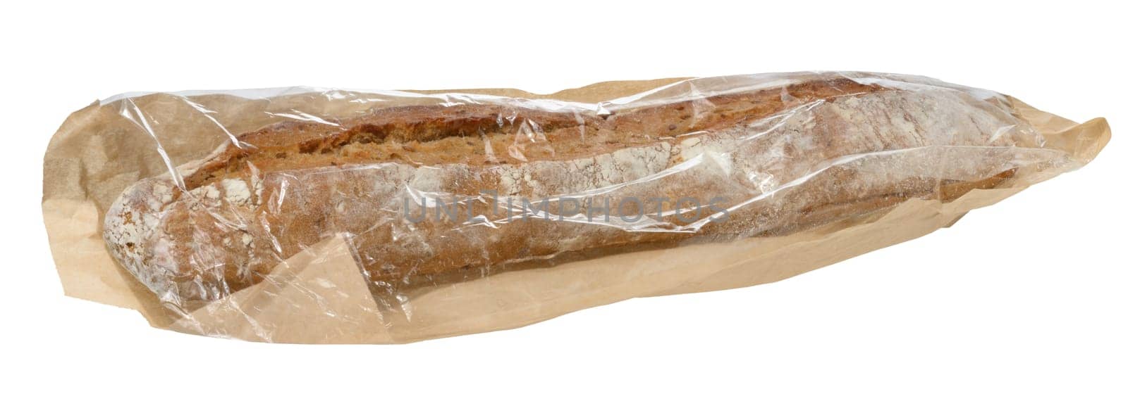 Crispy baguette in paper bag on isolated background