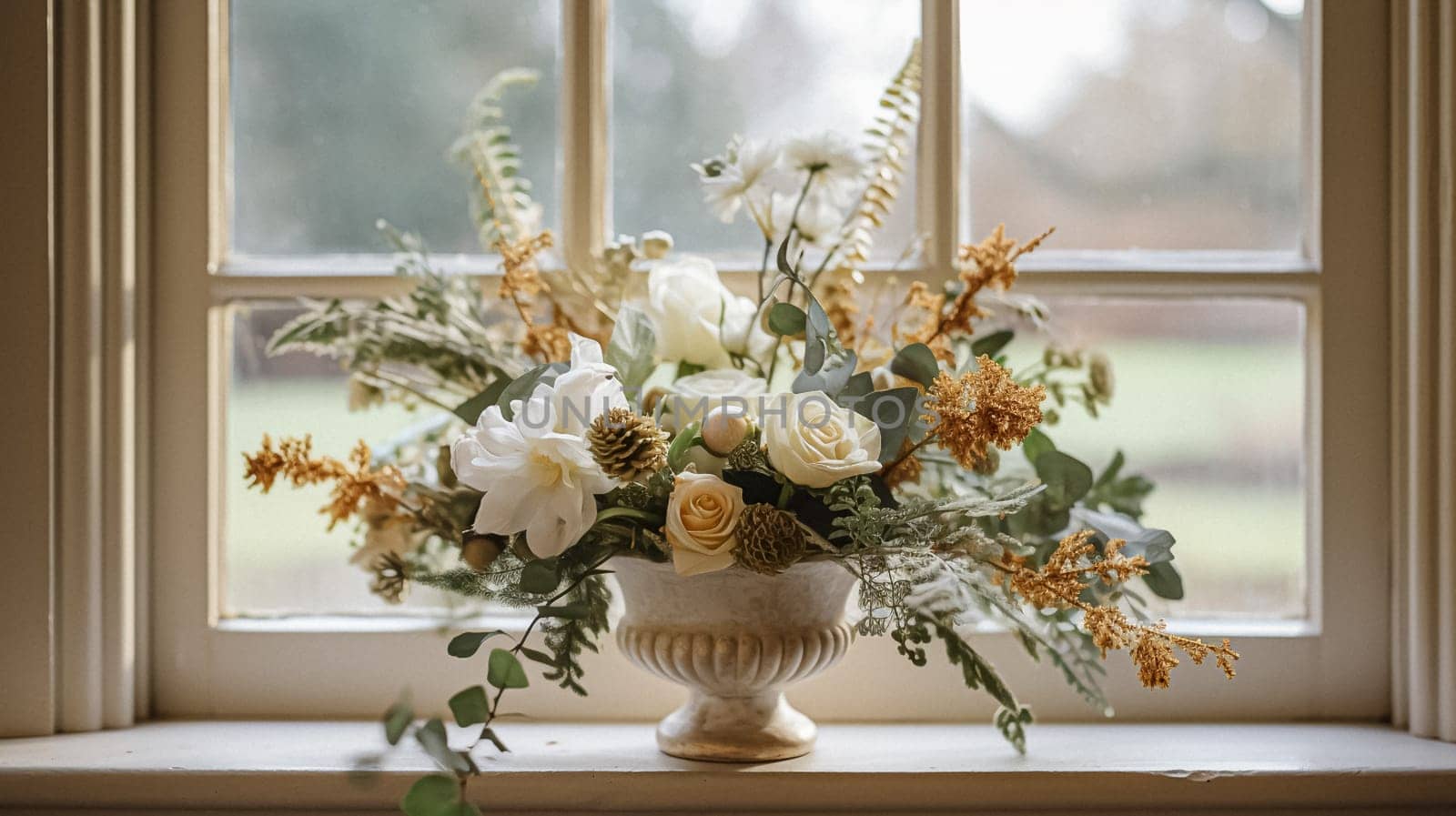 Floral arrangement with winter or early spring botanical plants and flowers idea