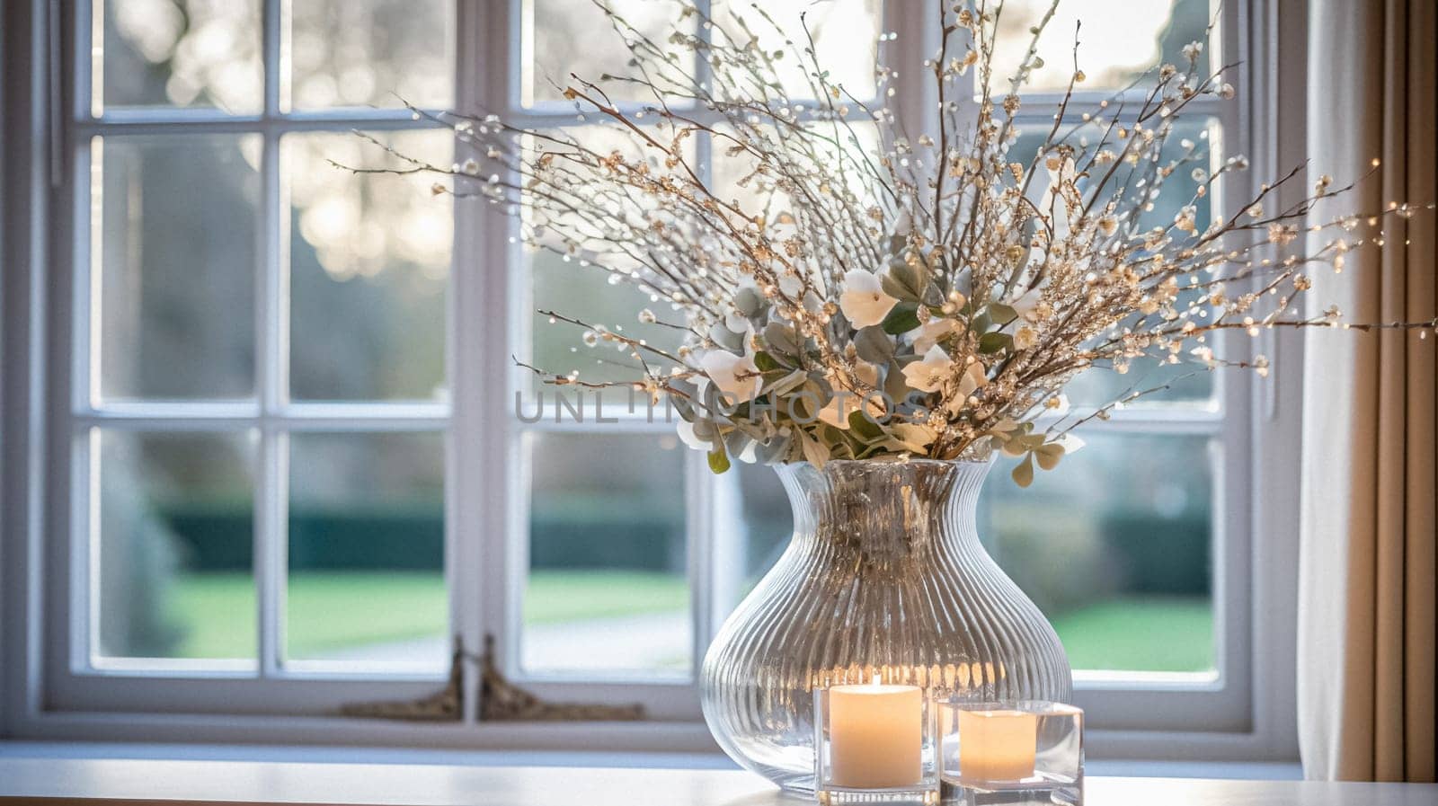 Floral arrangement with winter or early spring botanical plants and flowers idea