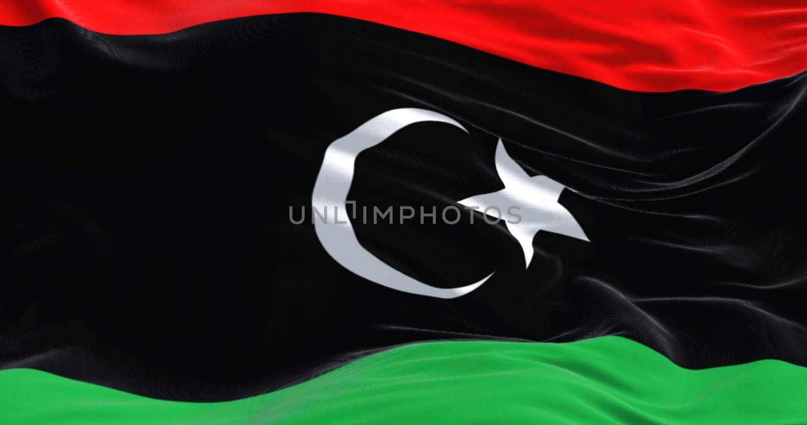 High-resolution 3D render of Libya’s national flag with Islamic crescent and star. Symbol of independence, unity, identity, and patriotism. Perfect for editorial and geopolitical content
