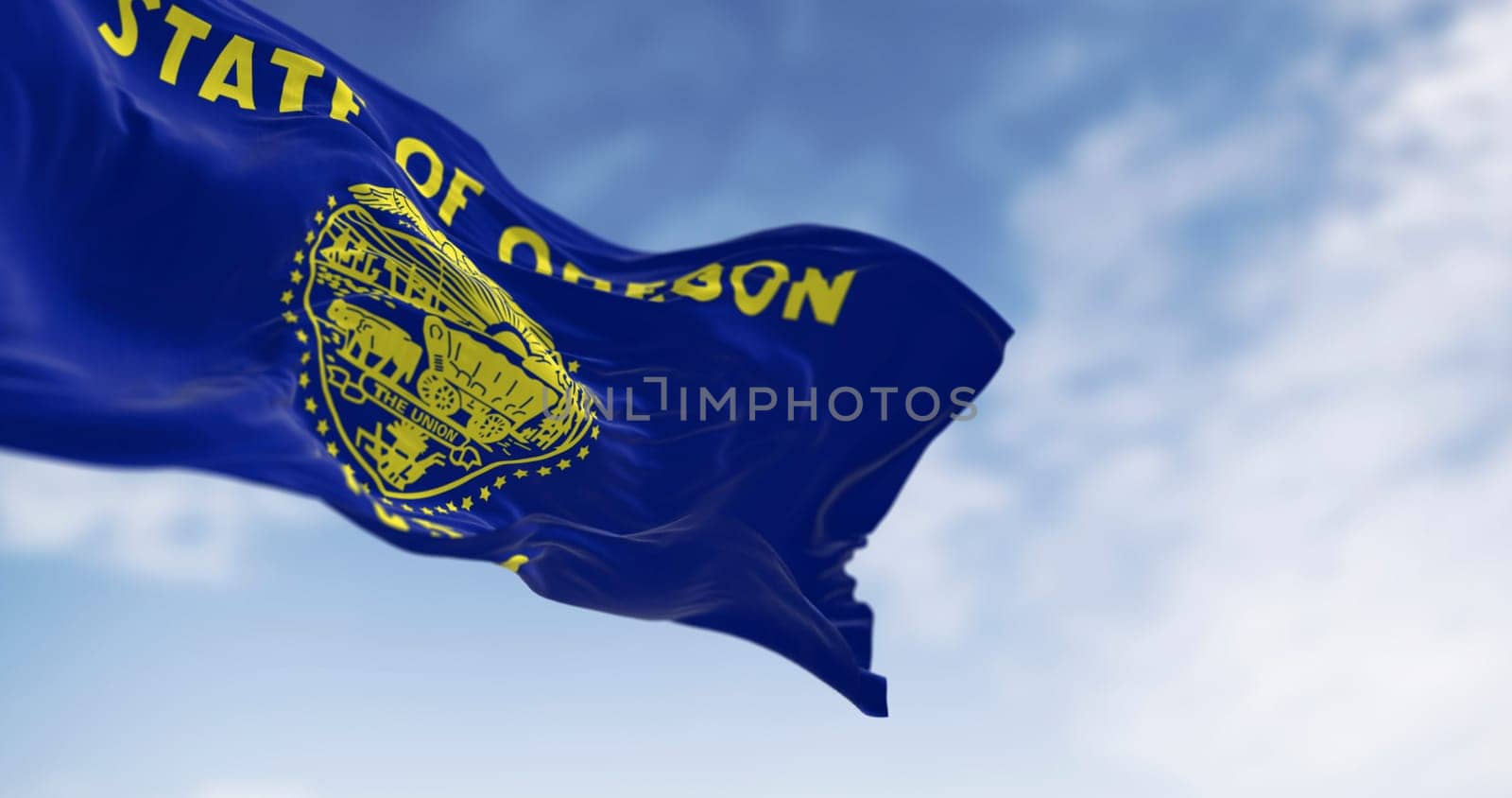3D render of the Oregon state flag waving in the sky. Featuring the state seal, eagle, and historical symbols. Perfect for themes of freedom, identity, patriotism, and American heritage