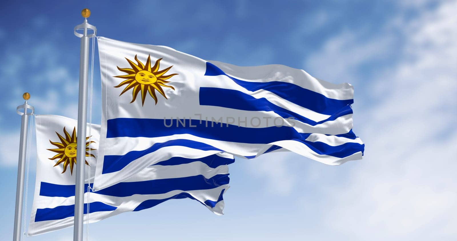 3D render of the Uruguay flag fluttering in the wind, featuring the Sun of May, national colors, and patriotic symbolism. Concept of independence, identity, and freedom