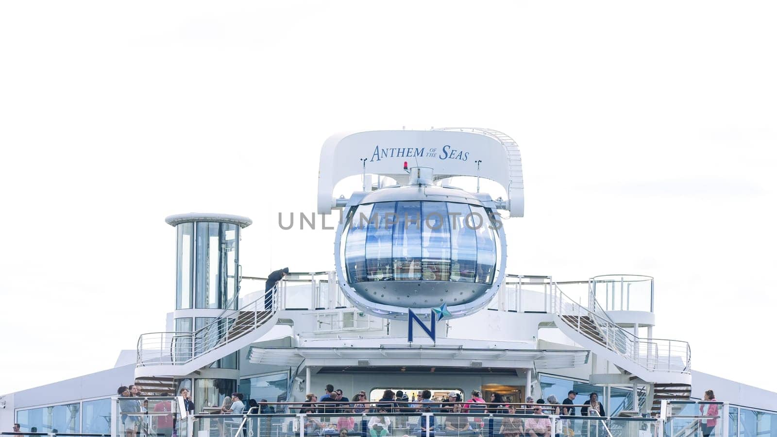 Futuristic architecture of a modern cruise ship Anthem of the Seas with a large glass dome 360-degree views in the North Star observation capsule on the top deck. New York NY USA - 09.02.2024.