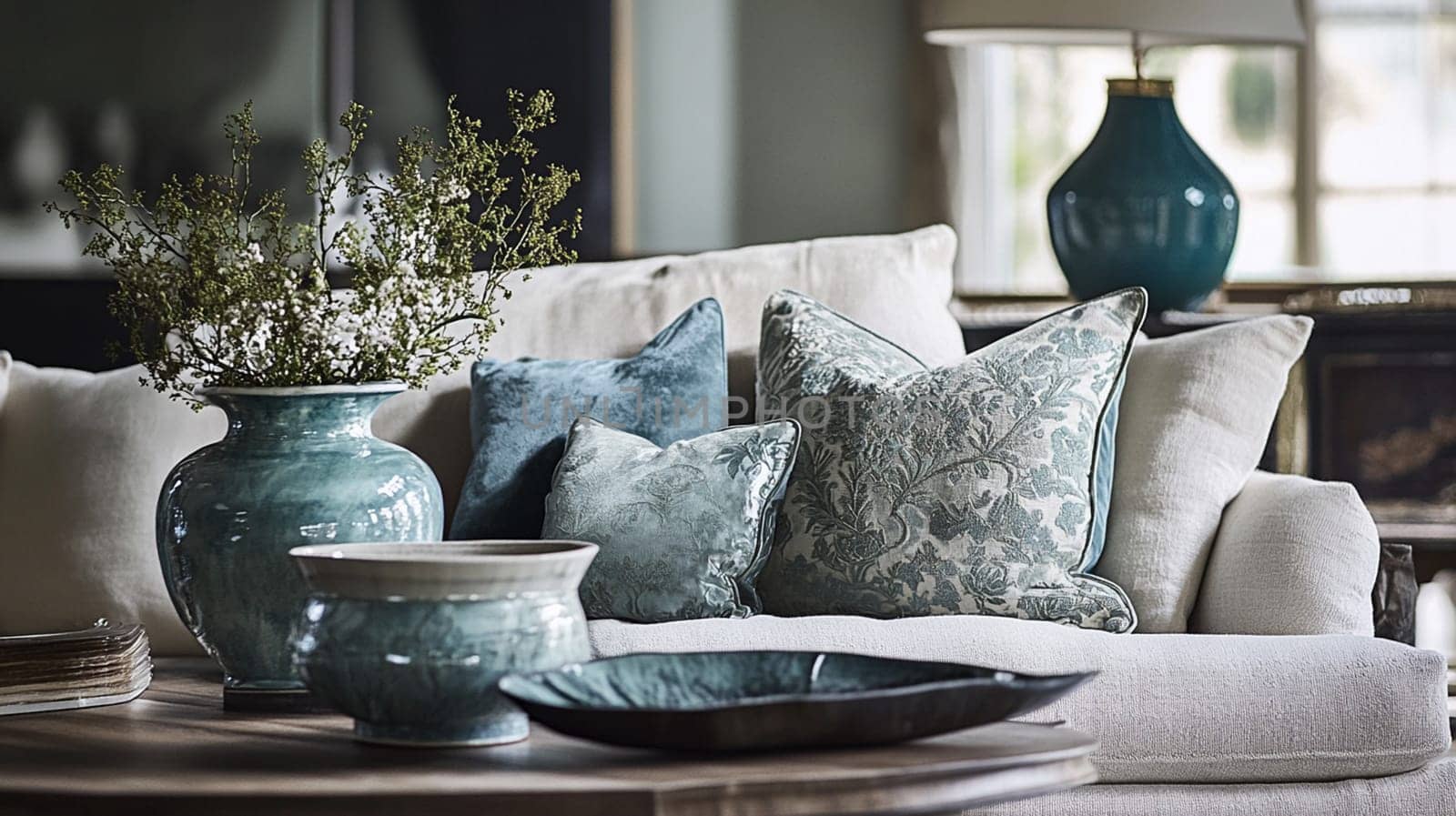 Elegant English interiors, featuring rich fabrics, delicate floral patterns, and timeless decor with a romantic and sophisticated atmosphere