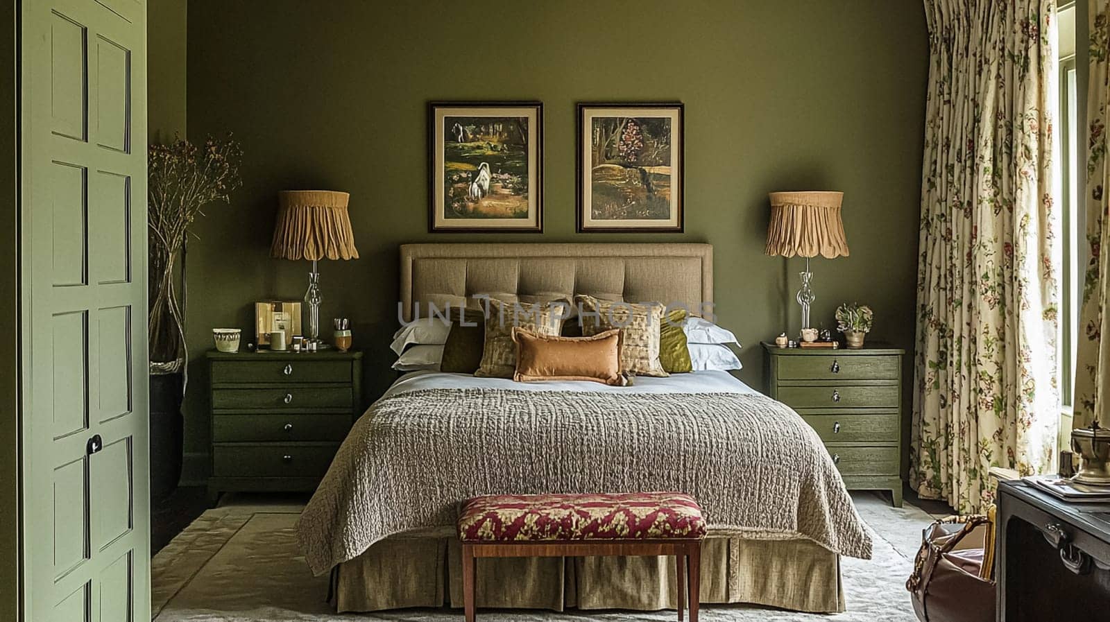 Elegant English interiors, featuring rich fabrics, delicate floral patterns, and timeless decor with a romantic and sophisticated atmosphere
