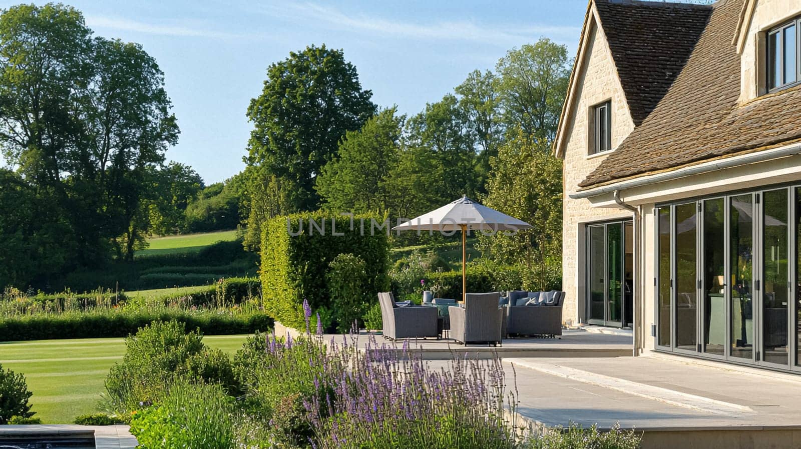 Grand and refined English countryside home, featuring timeless architectural elegance, manicured gardens, and charming details that exude sophistication and heritage idea