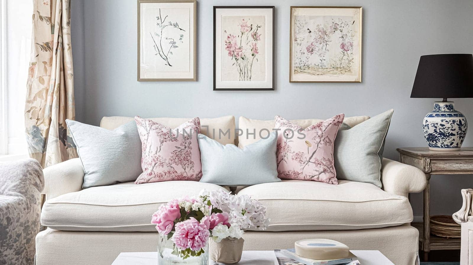 English style cottage interior in romantic colours, delicate patterns, vintage furnishings, evoking the timeless charm and tranquillity of a classic countryside