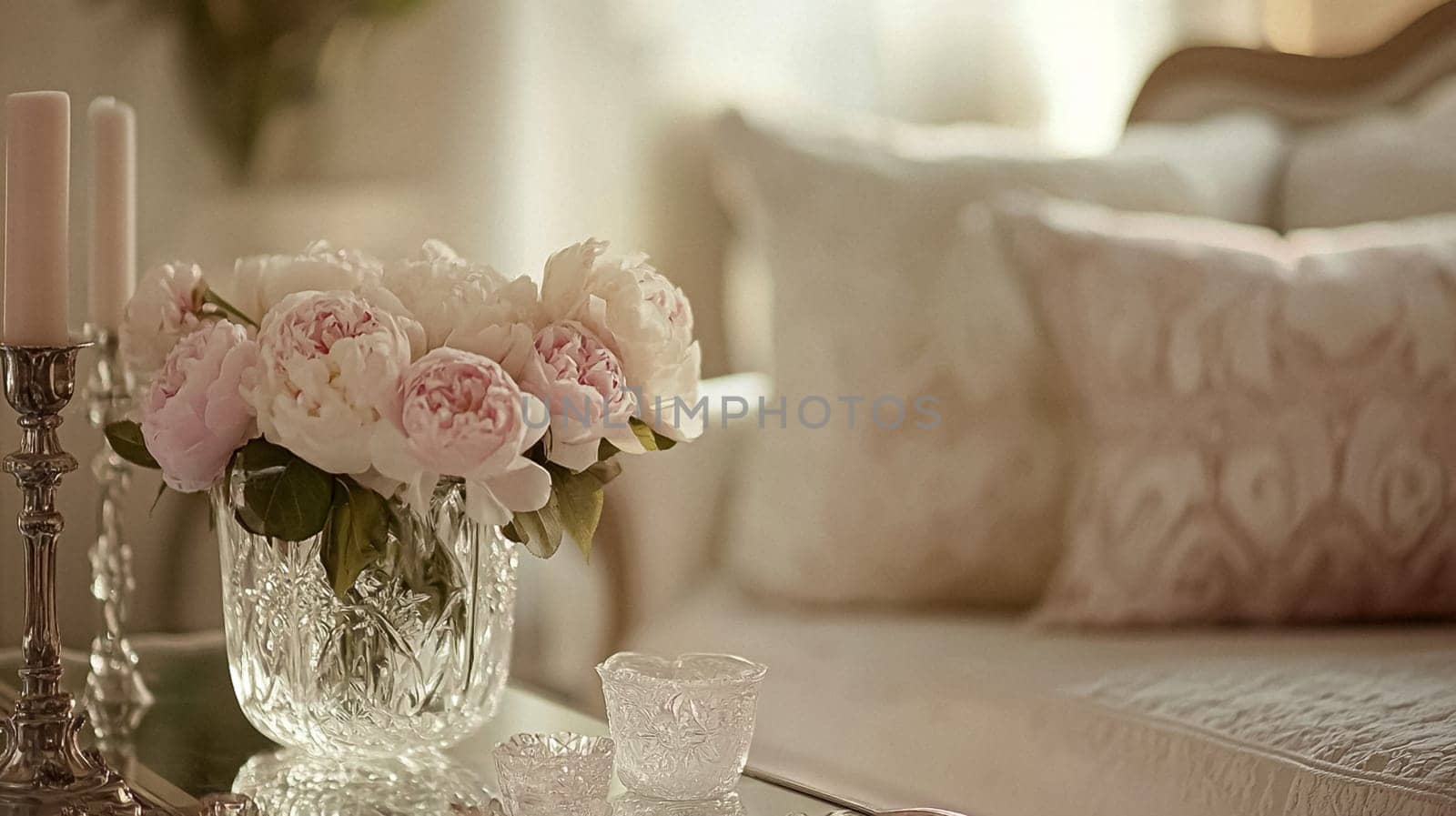 English style cottage interior in romantic colours, delicate patterns, vintage furnishings, evoking the timeless charm and tranquillity of a classic countryside