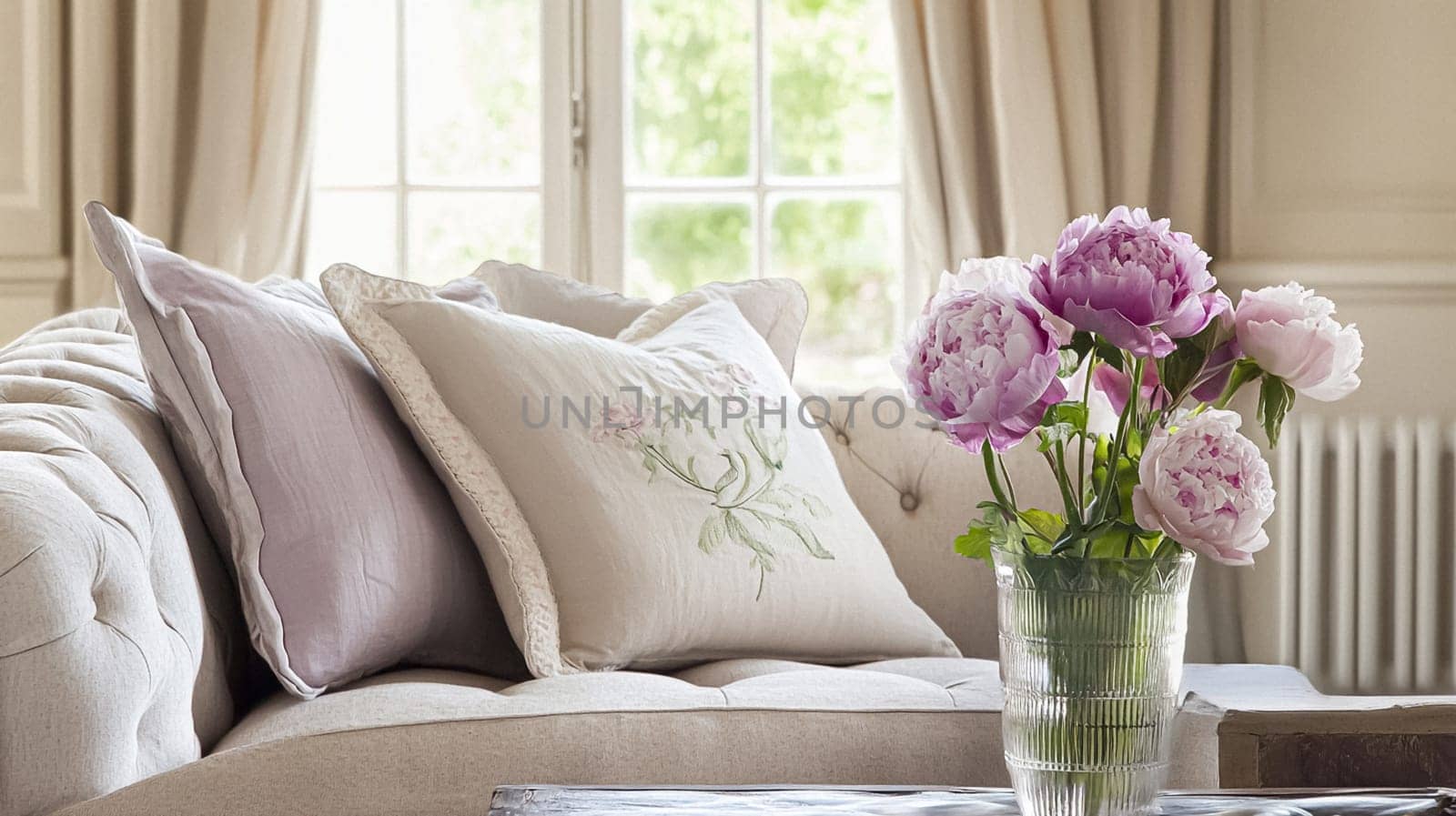 English style cottage interior in romantic colours, delicate patterns, vintage furnishings, evoking the timeless charm and tranquillity of a classic countryside