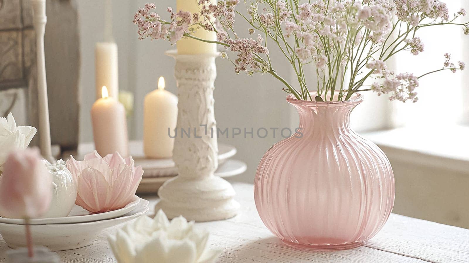 English style cottage interior in romantic colours, delicate patterns, vintage furnishings, evoking the timeless charm and tranquillity of a classic countryside
