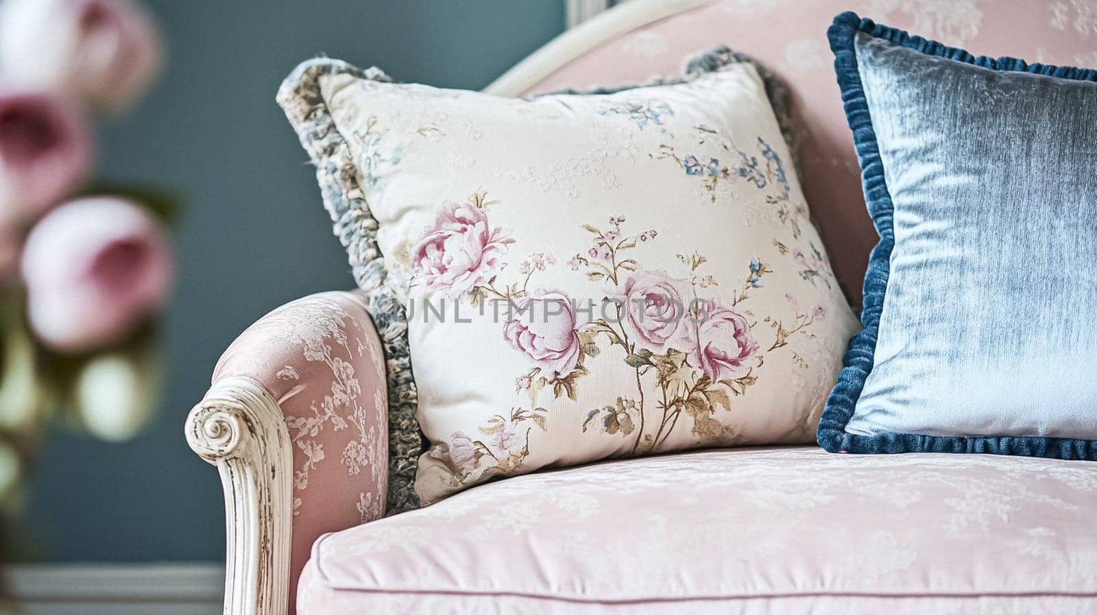 English style cottage interior in romantic colours, delicate patterns, vintage furnishings, evoking the timeless charm and tranquillity of a classic countryside