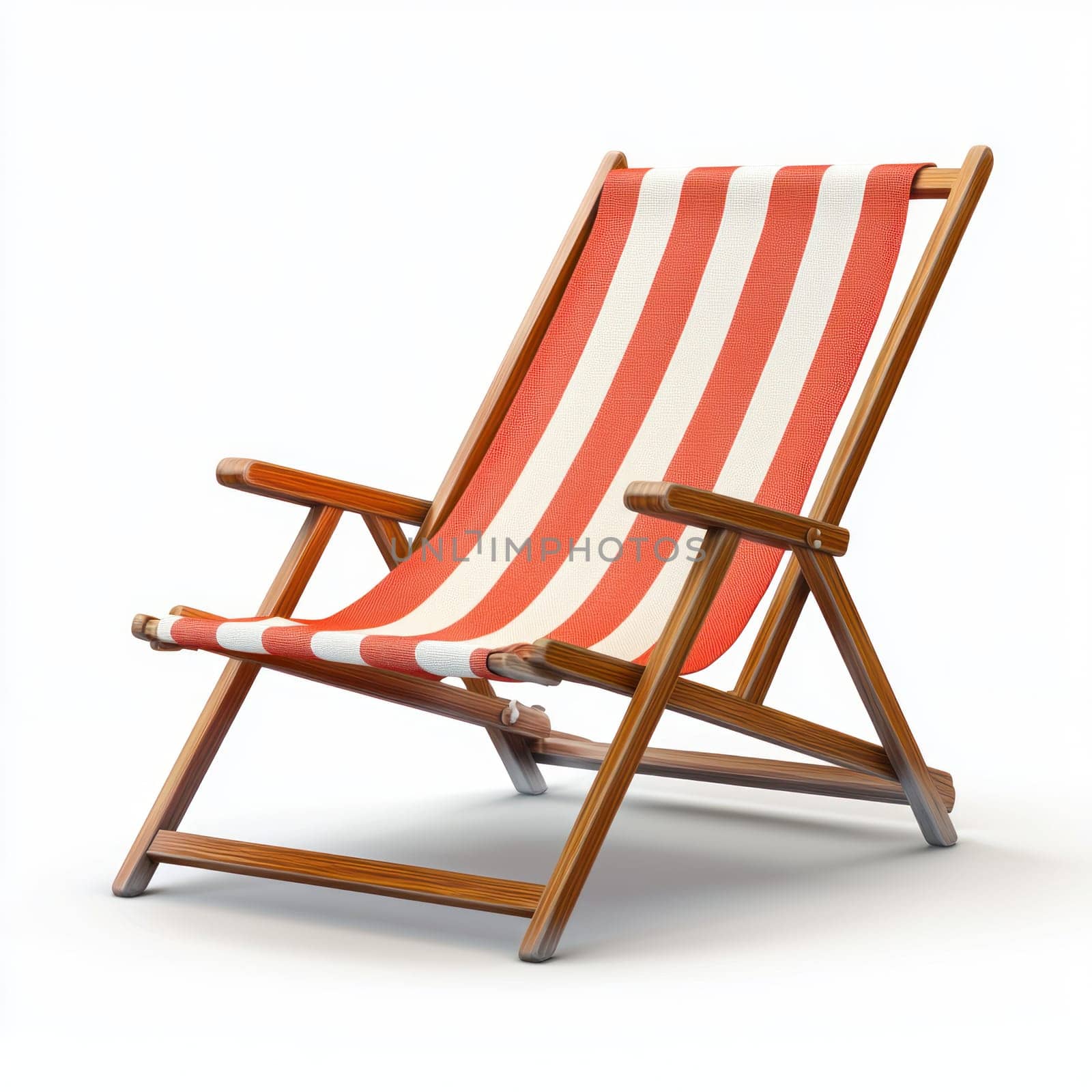 A red and white striped beach chair with wooden frame, perfect for summer relaxation