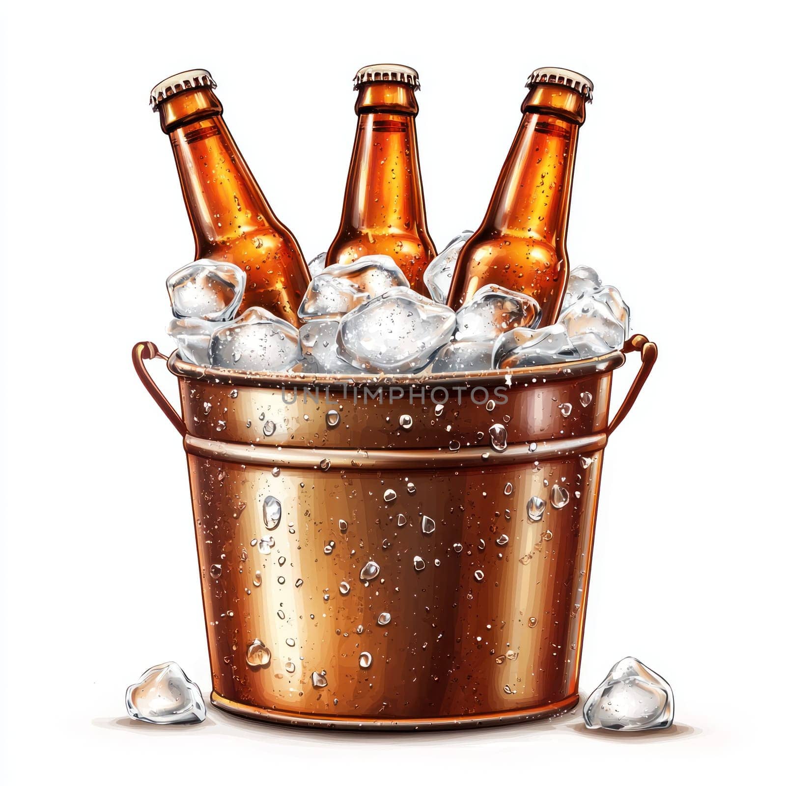 A bucket of ice with beer bottles, refreshing and perfect for summer gatherings
