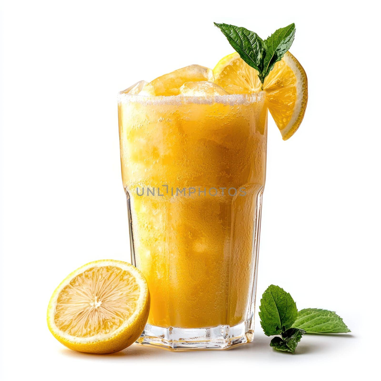 A Refreshing frozen lemonade in glass with ice, garnished with lemon slice and mint leaves, isolated on white