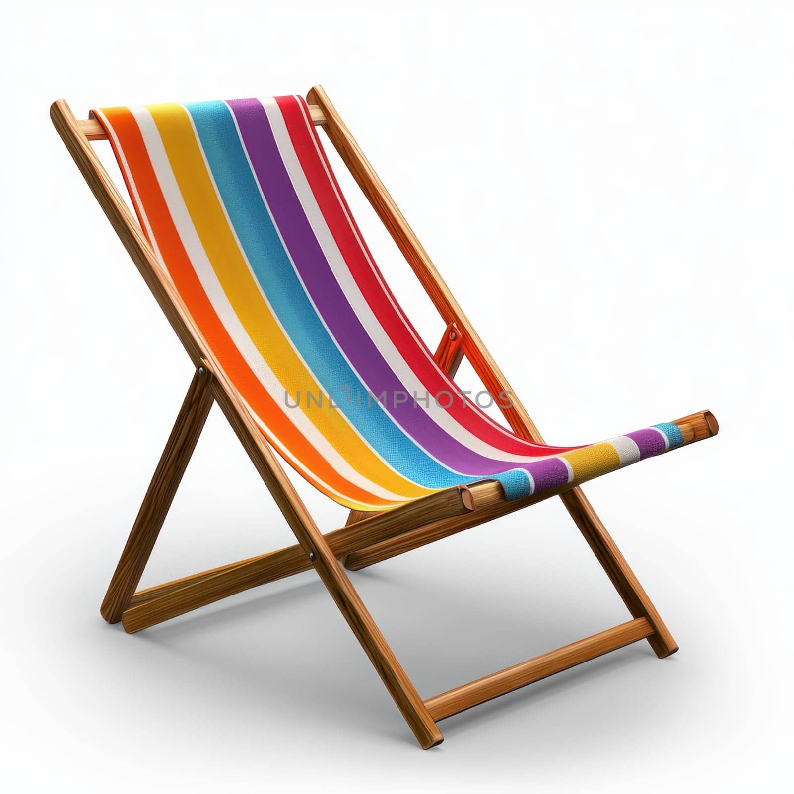 A Colorful striped beach chair with wooden frame, perfect for summer relaxation and outdoor lounging