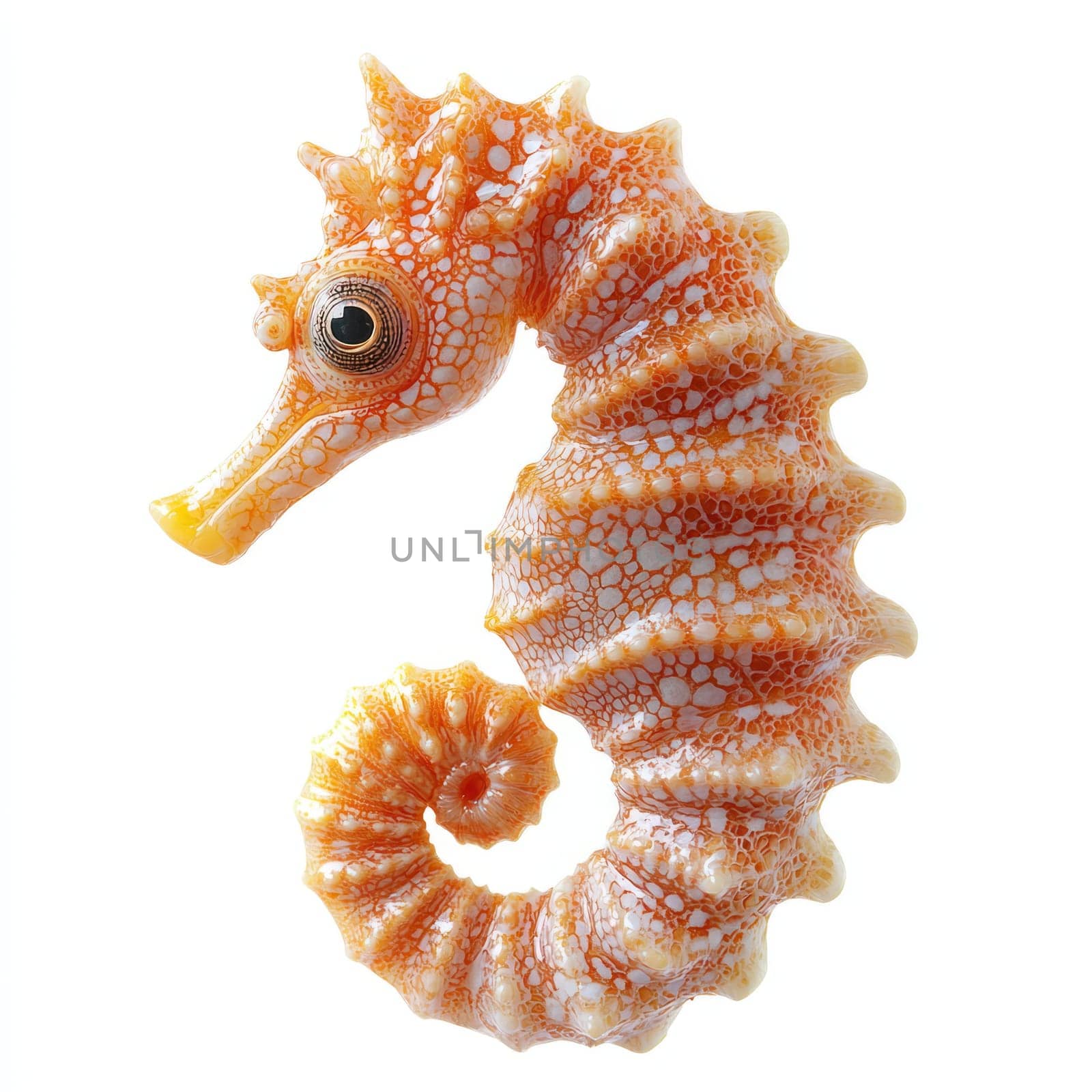 A vibrant orange seahorse with intricate patterns, isolated on white background, exuding summery and cheerful vibe