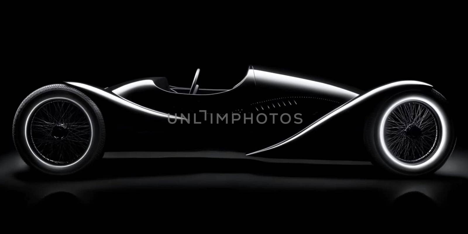 Side view of a generic retro car model standing in the dark studio, emphasizing elegant shapes and design. Ideal for automotive industry and transportation concepts