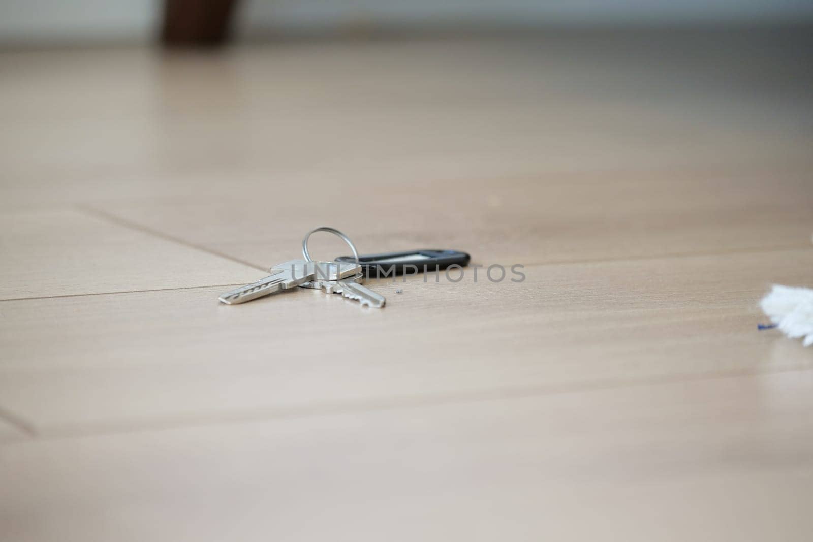 A set of keys and a phone lies on a light wooden floor in a home setting.