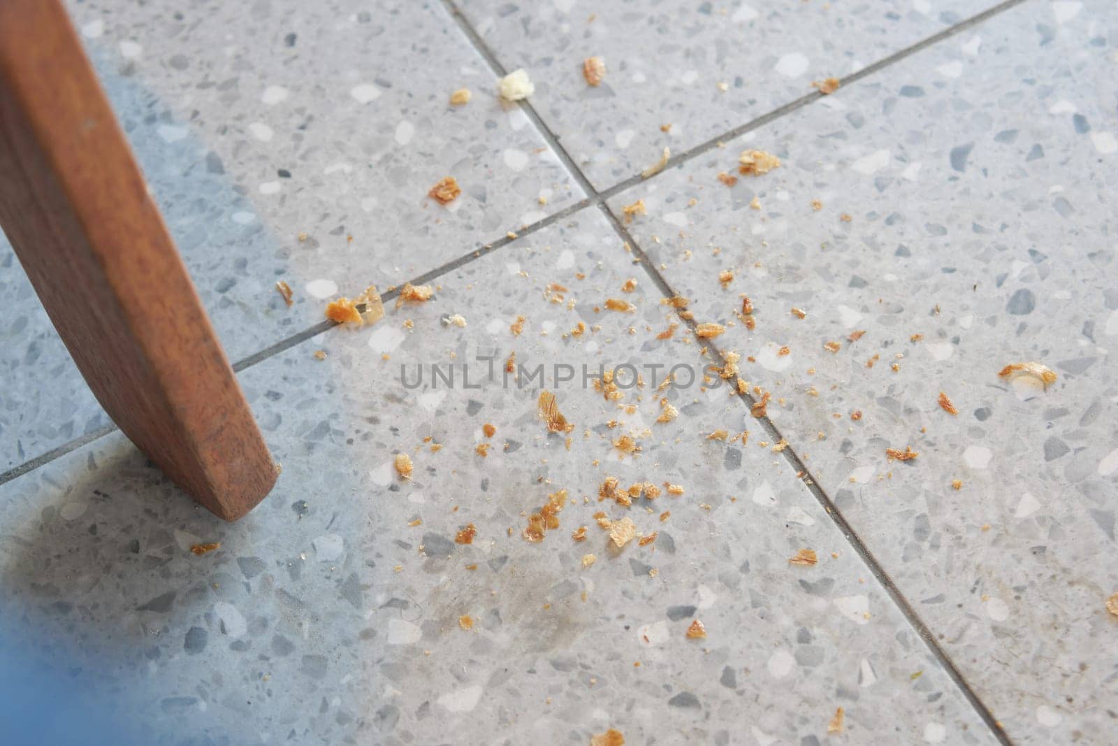 Small crumbs are spread across the floor under a chair in a well-lit space.