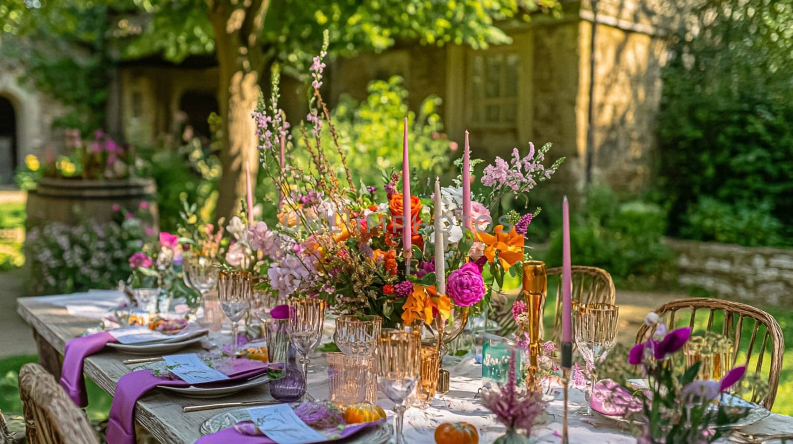 Sunlit tablescapes adorned with delicate floral arrangements, elegant glassware, and fine china. Set in lush gardens, each scene captures the charm of alfresco dining idea