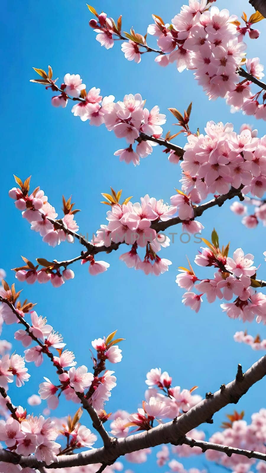This mesmerizing photograph captures the enchanting beauty of cherry blossoms in full bloom. Delicate pink flowers adorn the branches, set against a vibrant blue sky with soft, scattered clouds. The blossoms, in varying stages of bloom, exude grace and elegance, symbolizing the fleeting charm of spring. With its picturesque composition, this image evokes feelings of renewal, tranquility, and natural splendor—ideal for seasonal campaigns, artistic projects, or nature-inspired decor.