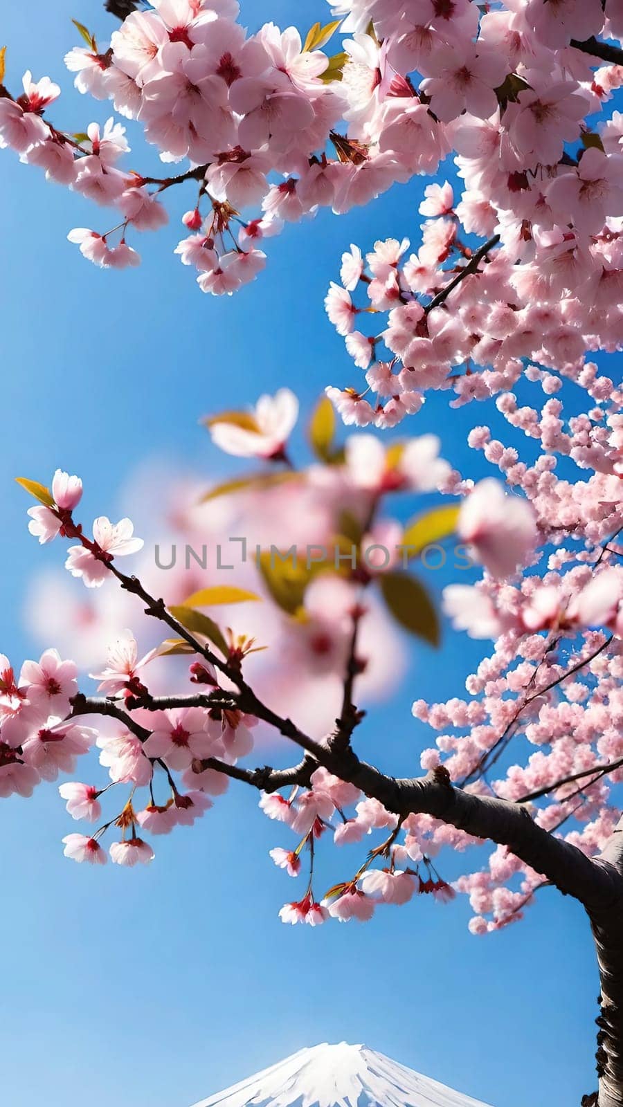 This mesmerizing photograph captures the enchanting beauty of cherry blossoms in full bloom. Delicate pink flowers adorn the branches, set against a vibrant blue sky with soft, scattered clouds. The blossoms, in varying stages of bloom, exude grace and elegance, symbolizing the fleeting charm of spring. With its picturesque composition, this image evokes feelings of renewal, tranquility, and natural splendor—ideal for seasonal campaigns, artistic projects, or nature-inspired decor.