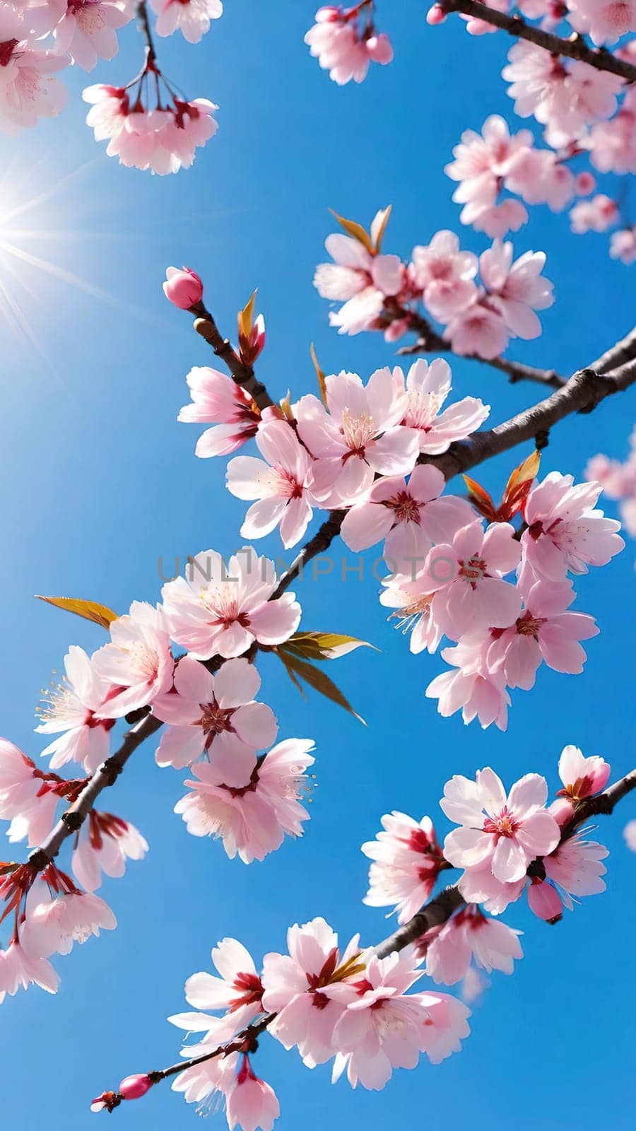 This mesmerizing photograph captures the enchanting beauty of cherry blossoms in full bloom. Delicate pink flowers adorn the branches, set against a vibrant blue sky with soft, scattered clouds. The blossoms, in varying stages of bloom, exude grace and elegance, symbolizing the fleeting charm of spring. With its picturesque composition, this image evokes feelings of renewal, tranquility, and natural splendor—ideal for seasonal campaigns, artistic projects, or nature-inspired decor.