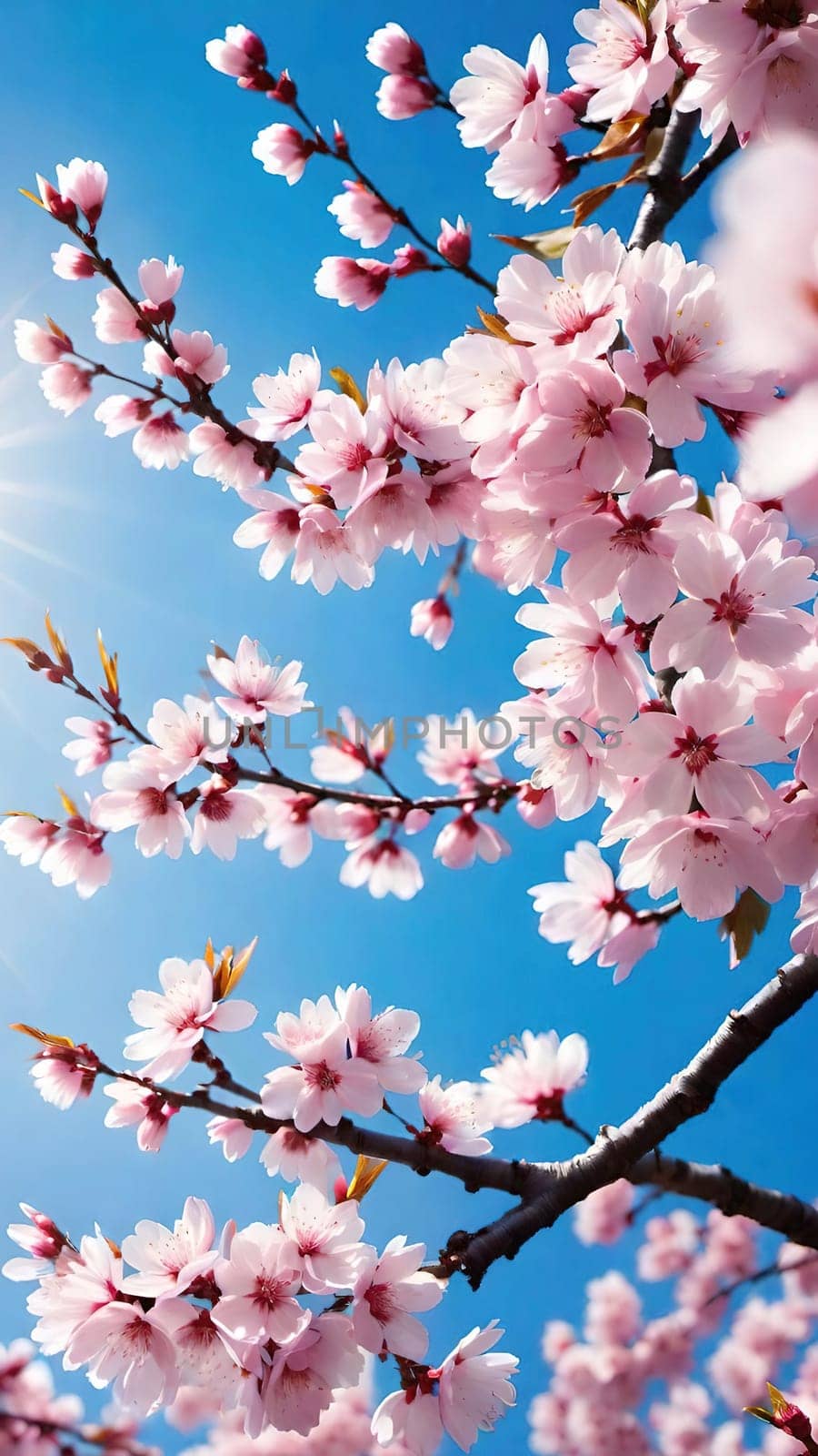 This mesmerizing photograph captures the enchanting beauty of cherry blossoms in full bloom. Delicate pink flowers adorn the branches, set against a vibrant blue sky with soft, scattered clouds. The blossoms, in varying stages of bloom, exude grace and elegance, symbolizing the fleeting charm of spring. With its picturesque composition, this image evokes feelings of renewal, tranquility, and natural splendor—ideal for seasonal campaigns, artistic projects, or nature-inspired decor.