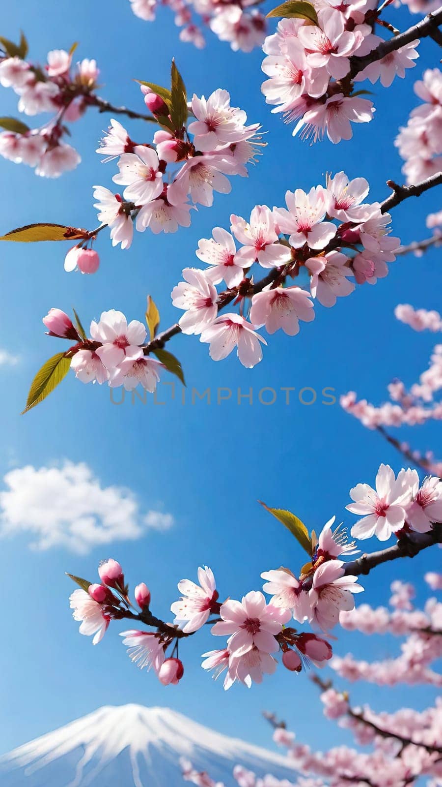 This mesmerizing photograph captures the enchanting beauty of cherry blossoms in full bloom. Delicate pink flowers adorn the branches, set against a vibrant blue sky with soft, scattered clouds. The blossoms, in varying stages of bloom, exude grace and elegance, symbolizing the fleeting charm of spring. With its picturesque composition, this image evokes feelings of renewal, tranquility, and natural splendor—ideal for seasonal campaigns, artistic projects, or nature-inspired decor.
