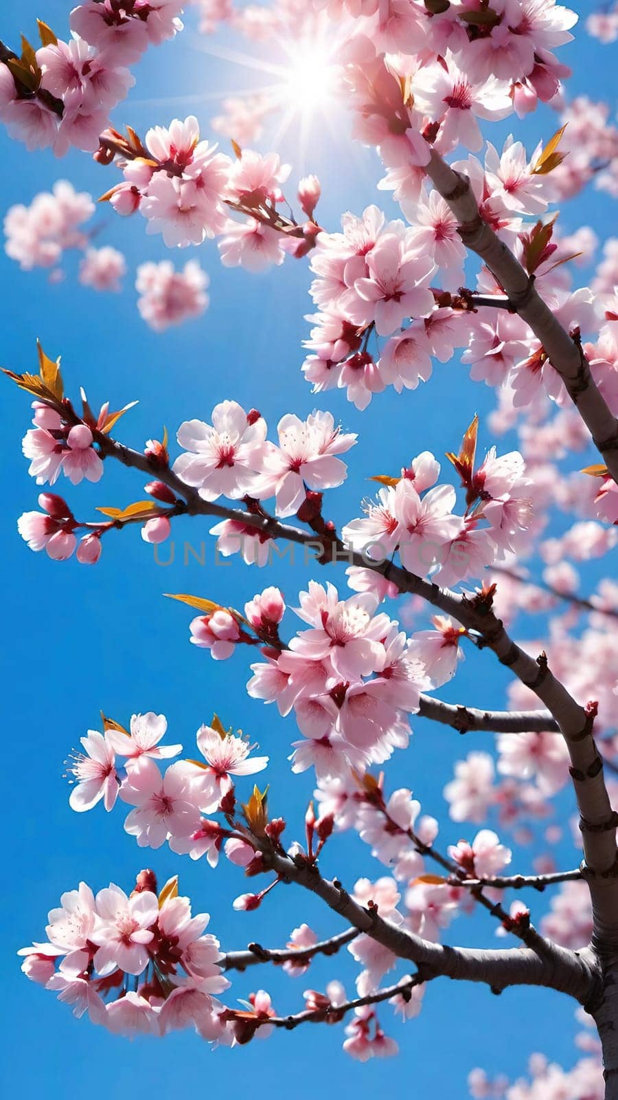 This mesmerizing photograph captures the enchanting beauty of cherry blossoms in full bloom. Delicate pink flowers adorn the branches, set against a vibrant blue sky with soft, scattered clouds. The blossoms, in varying stages of bloom, exude grace and elegance, symbolizing the fleeting charm of spring. With its picturesque composition, this image evokes feelings of renewal, tranquility, and natural splendor—ideal for seasonal campaigns, artistic projects, or nature-inspired decor.
