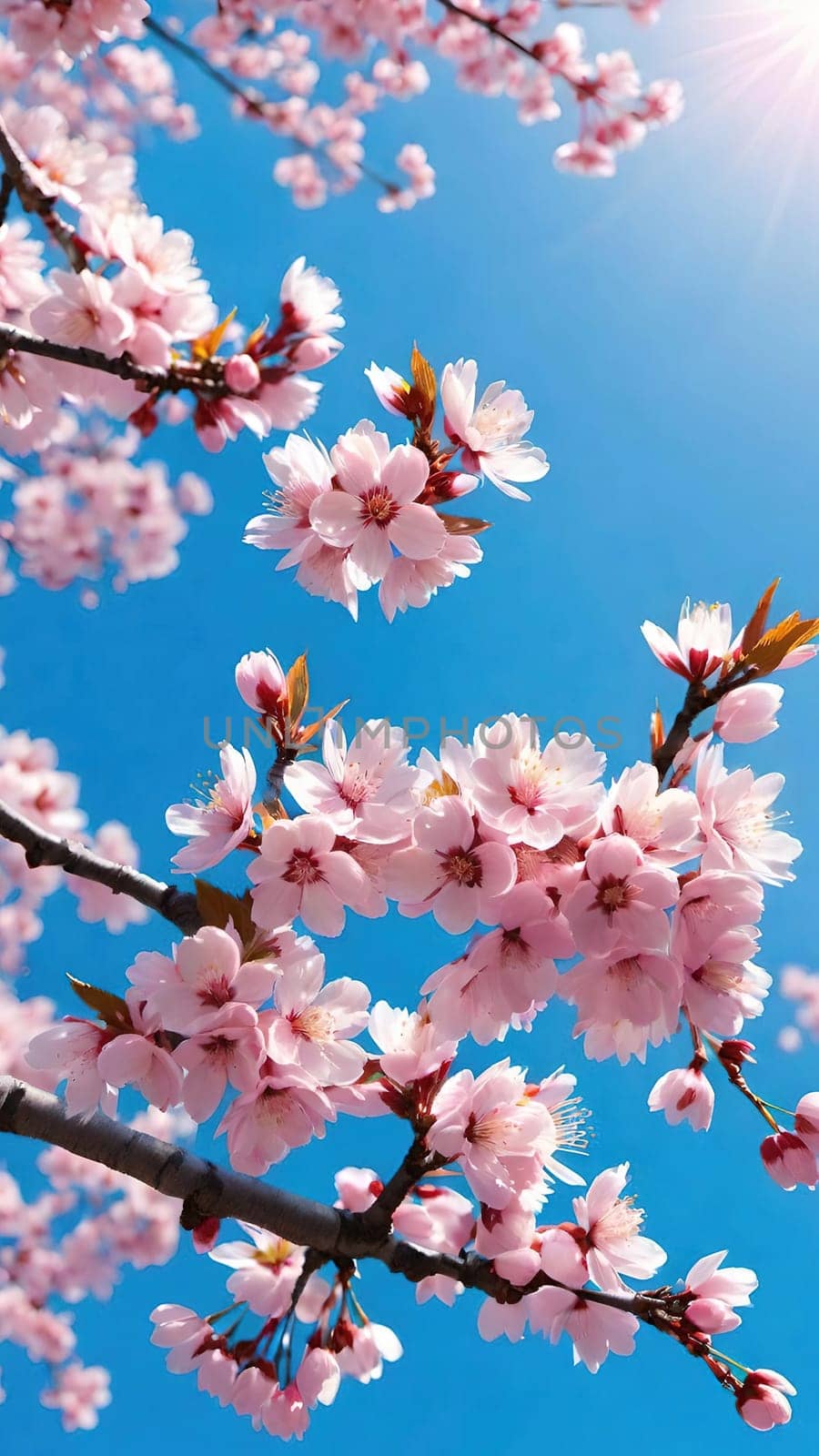 This mesmerizing photograph captures the enchanting beauty of cherry blossoms in full bloom. Delicate pink flowers adorn the branches, set against a vibrant blue sky with soft, scattered clouds. The blossoms, in varying stages of bloom, exude grace and elegance, symbolizing the fleeting charm of spring. With its picturesque composition, this image evokes feelings of renewal, tranquility, and natural splendor—ideal for seasonal campaigns, artistic projects, or nature-inspired decor.