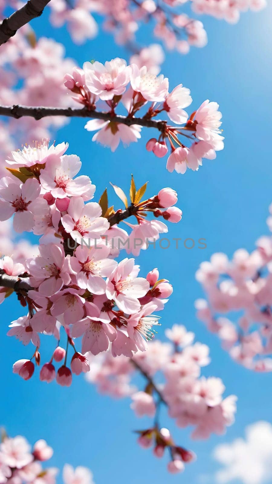 This mesmerizing photograph captures the enchanting beauty of cherry blossoms in full bloom. Delicate pink flowers adorn the branches, set against a vibrant blue sky with soft, scattered clouds. The blossoms, in varying stages of bloom, exude grace and elegance, symbolizing the fleeting charm of spring. With its picturesque composition, this image evokes feelings of renewal, tranquility, and natural splendor—ideal for seasonal campaigns, artistic projects, or nature-inspired decor.