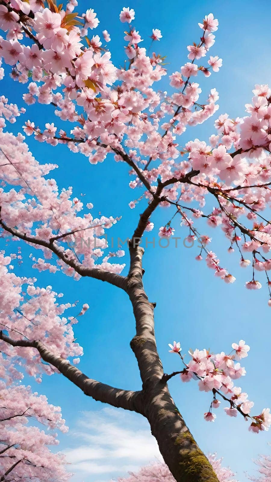 This mesmerizing photograph captures the enchanting beauty of cherry blossoms in full bloom. Delicate pink flowers adorn the branches, set against a vibrant blue sky with soft, scattered clouds. The blossoms, in varying stages of bloom, exude grace and elegance, symbolizing the fleeting charm of spring. With its picturesque composition, this image evokes feelings of renewal, tranquility, and natural splendor—ideal for seasonal campaigns, artistic projects, or nature-inspired decor.