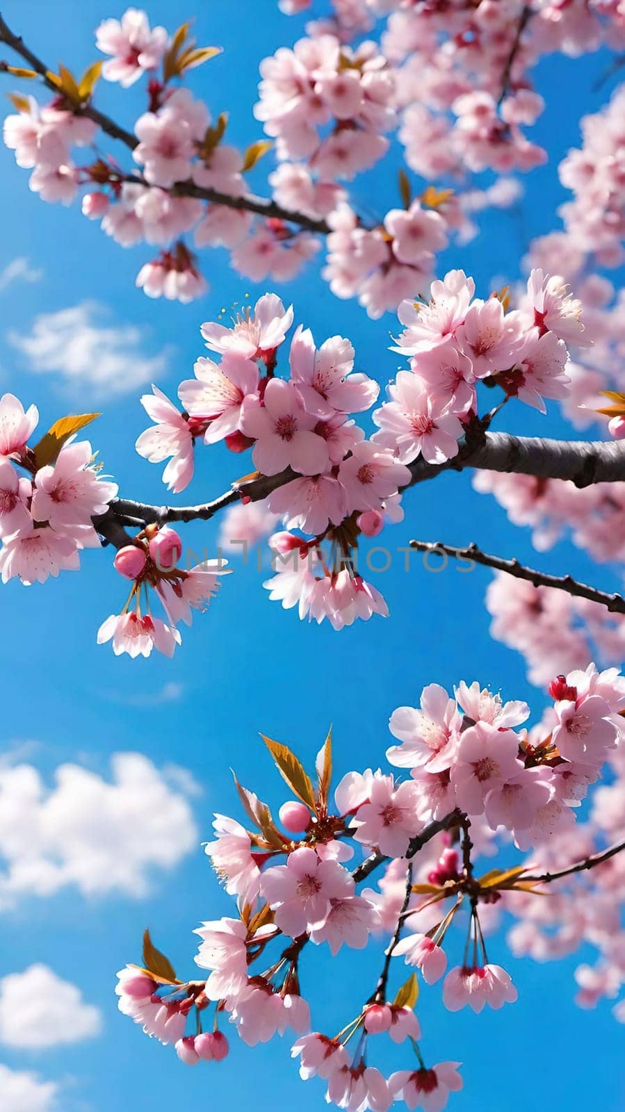 This mesmerizing photograph captures the enchanting beauty of cherry blossoms in full bloom. Delicate pink flowers adorn the branches, set against a vibrant blue sky with soft, scattered clouds. The blossoms, in varying stages of bloom, exude grace and elegance, symbolizing the fleeting charm of spring. With its picturesque composition, this image evokes feelings of renewal, tranquility, and natural splendor—ideal for seasonal campaigns, artistic projects, or nature-inspired decor.