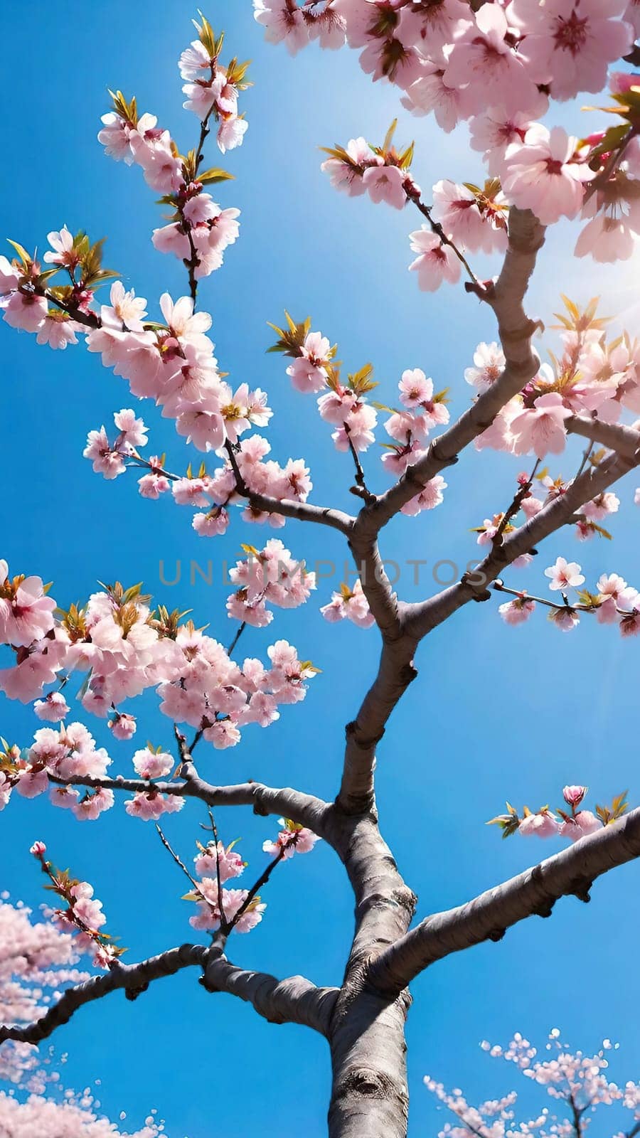 This mesmerizing photograph captures the enchanting beauty of cherry blossoms in full bloom. Delicate pink flowers adorn the branches, set against a vibrant blue sky with soft, scattered clouds. The blossoms, in varying stages of bloom, exude grace and elegance, symbolizing the fleeting charm of spring. With its picturesque composition, this image evokes feelings of renewal, tranquility, and natural splendor—ideal for seasonal campaigns, artistic projects, or nature-inspired decor.