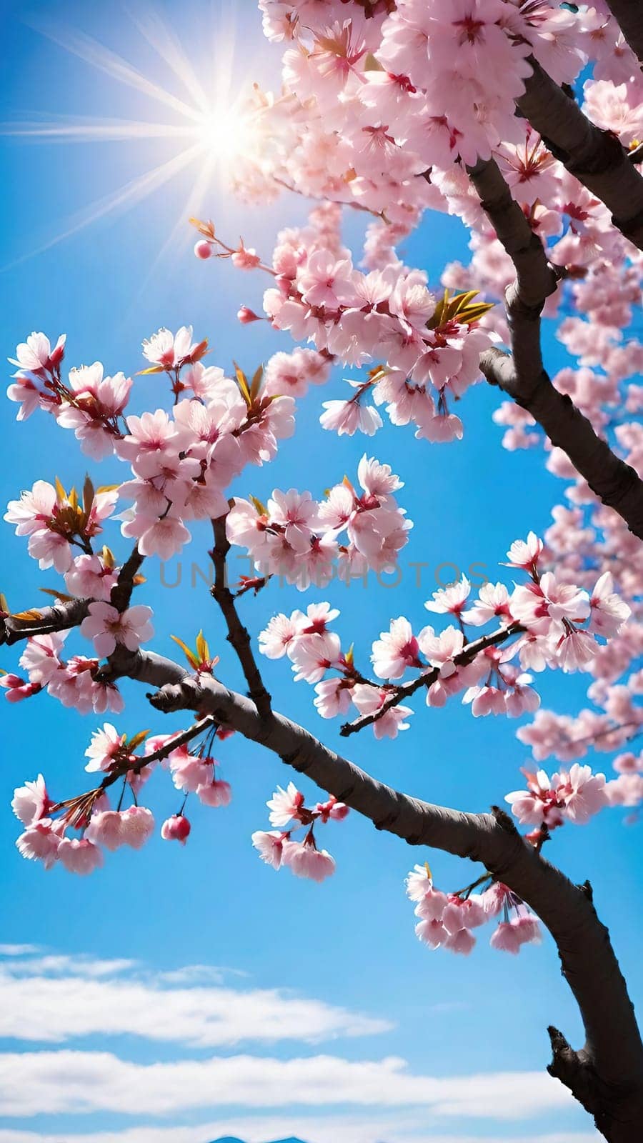 This mesmerizing photograph captures the enchanting beauty of cherry blossoms in full bloom. Delicate pink flowers adorn the branches, set against a vibrant blue sky with soft, scattered clouds. The blossoms, in varying stages of bloom, exude grace and elegance, symbolizing the fleeting charm of spring. With its picturesque composition, this image evokes feelings of renewal, tranquility, and natural splendor—ideal for seasonal campaigns, artistic projects, or nature-inspired decor.