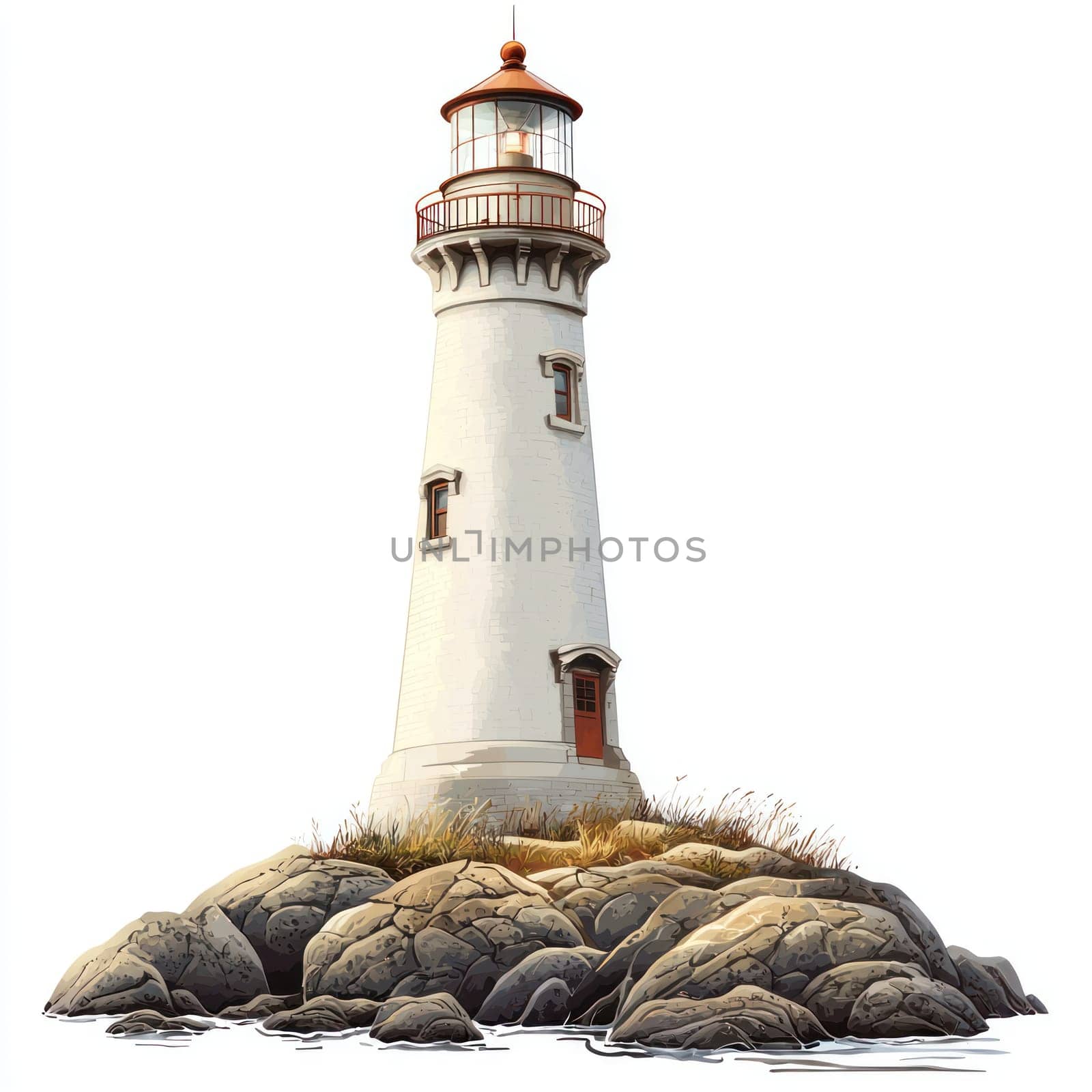 A tall white lighthouse stands on rocky base with grass, radiating serene coastal charm