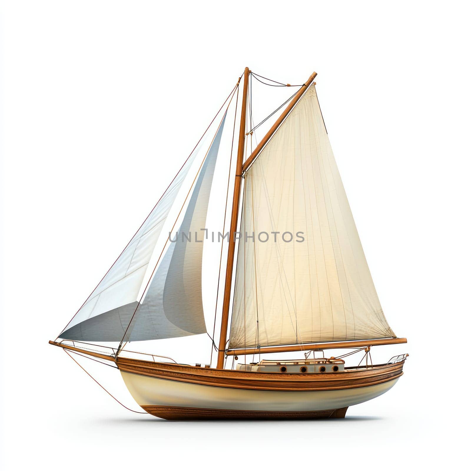 A classic wooden sailboat with beige sails and detailed craftsmanship, isolated on white background