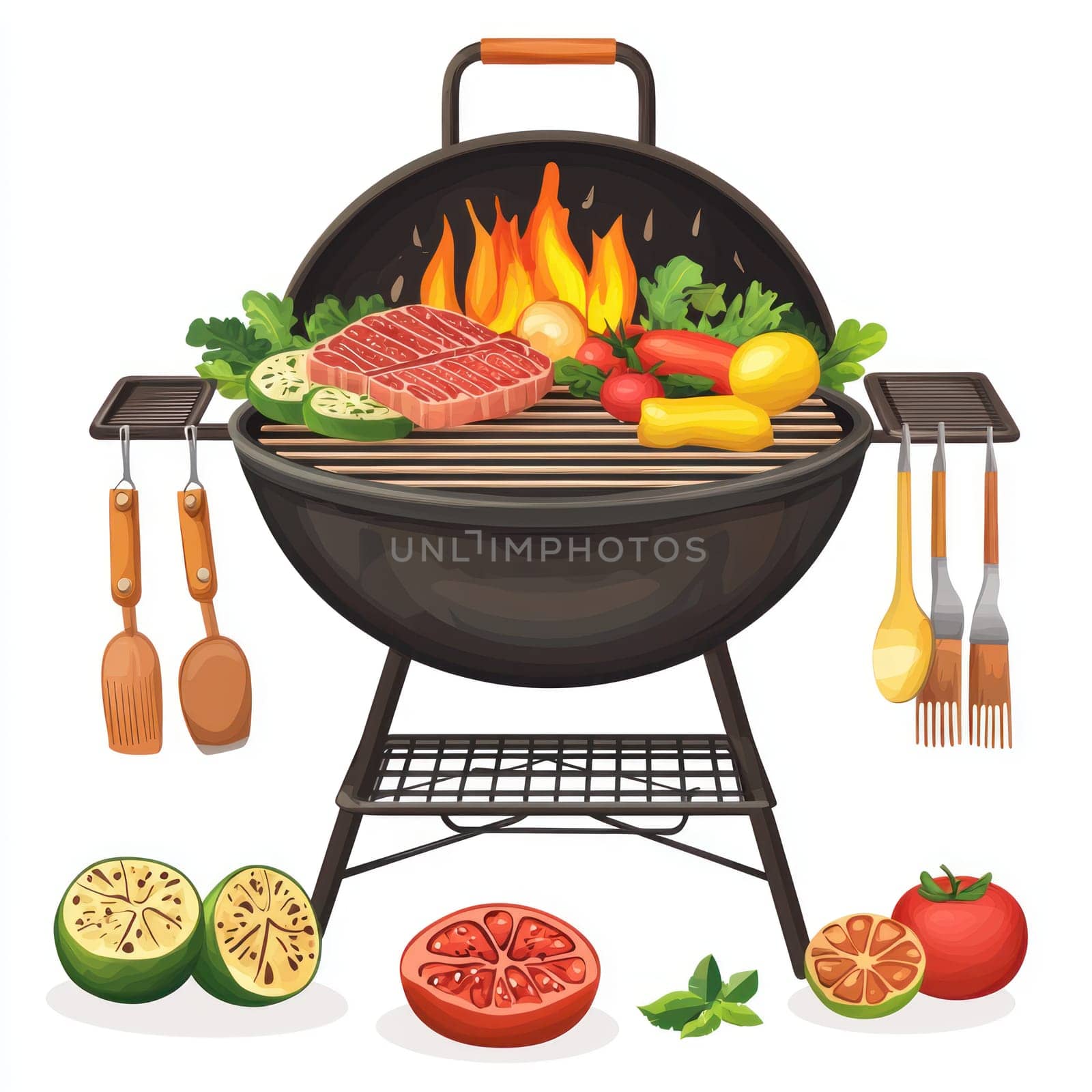 A Grill with vegetables, steak, and utensils, evoking vibrant summer barbecue scene