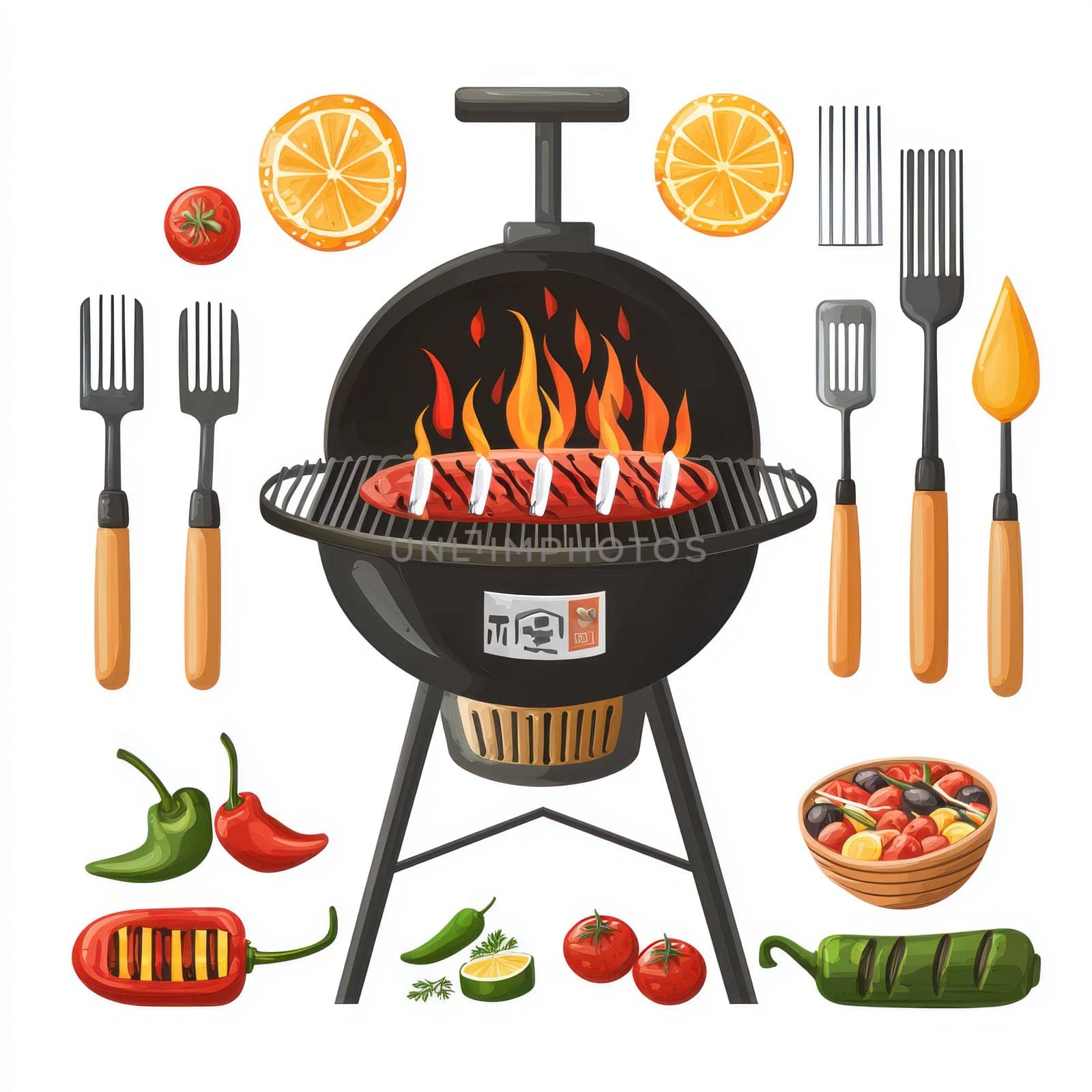 A black charcoal grill with flames, surrounded by grilling utensils, vegetables, and bowl of salad, evoking summer vibes