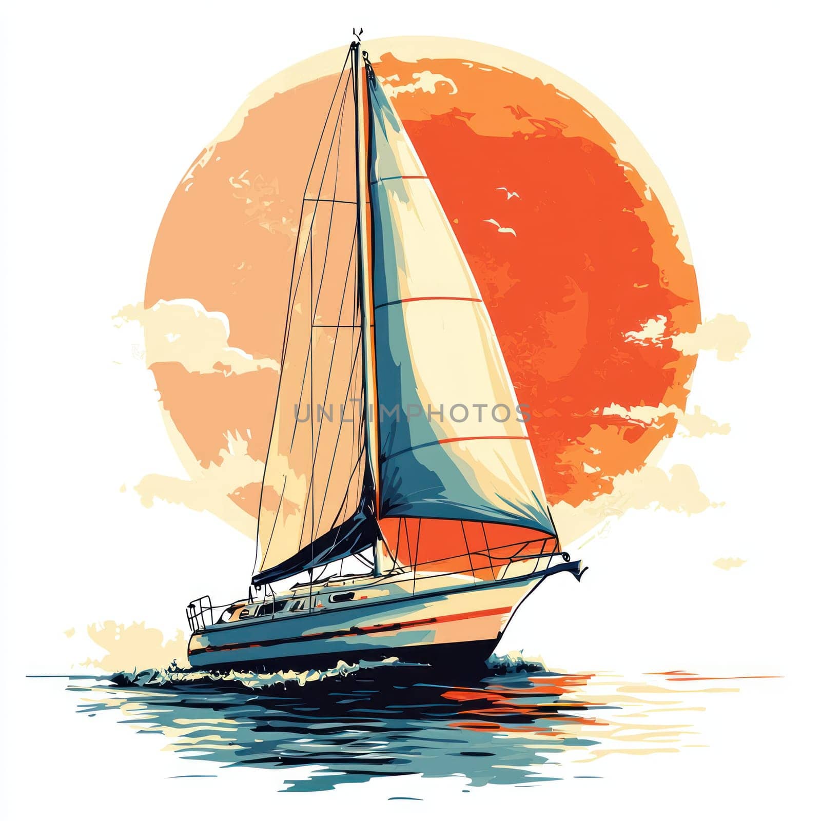 A Sailboat gliding on calm water with vibrant sunset in background, evoking serene summer vibe
