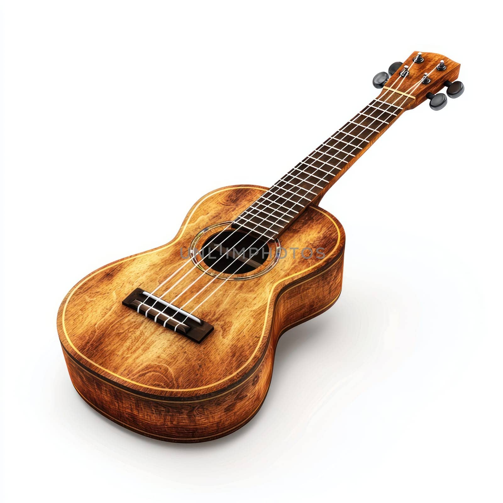 A wooden ukulele with polished finish, isolated on white background, exudes warm and inviting summer vibe